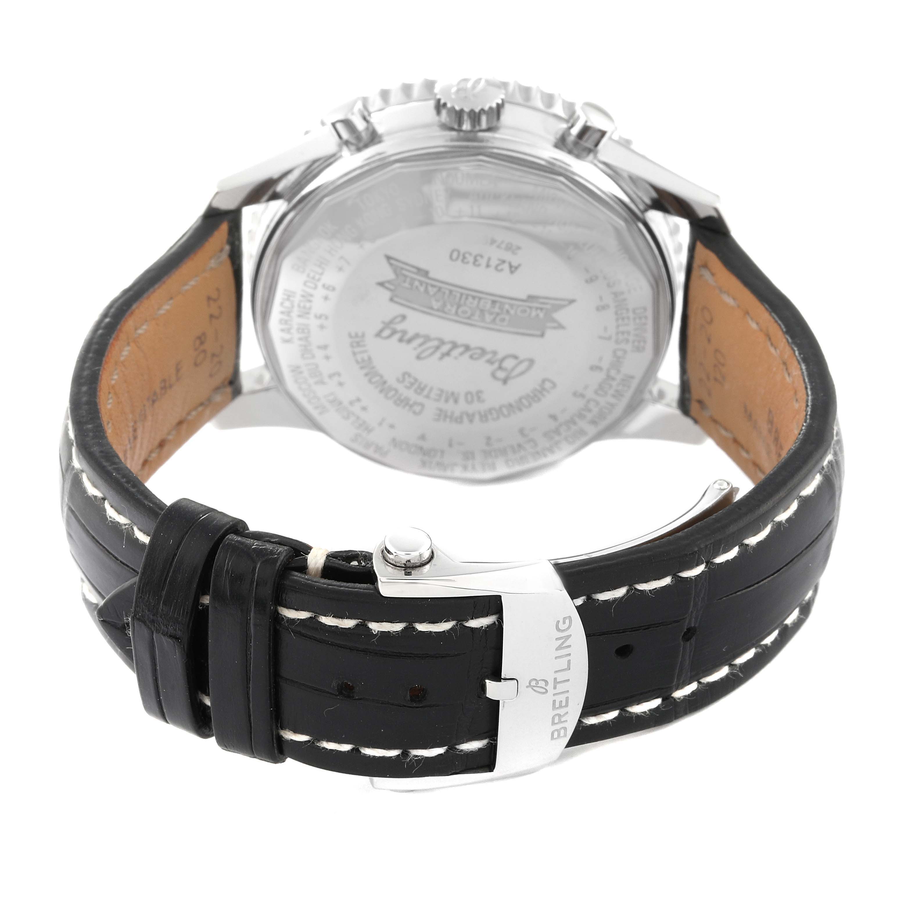 The image shows the back case and leather strap with buckle of a Breitling Navitimer A21330 Men
s Stainless Steel Black Dial A21330 Men
s Stainless Steel Black Dial watch from a rear angle.