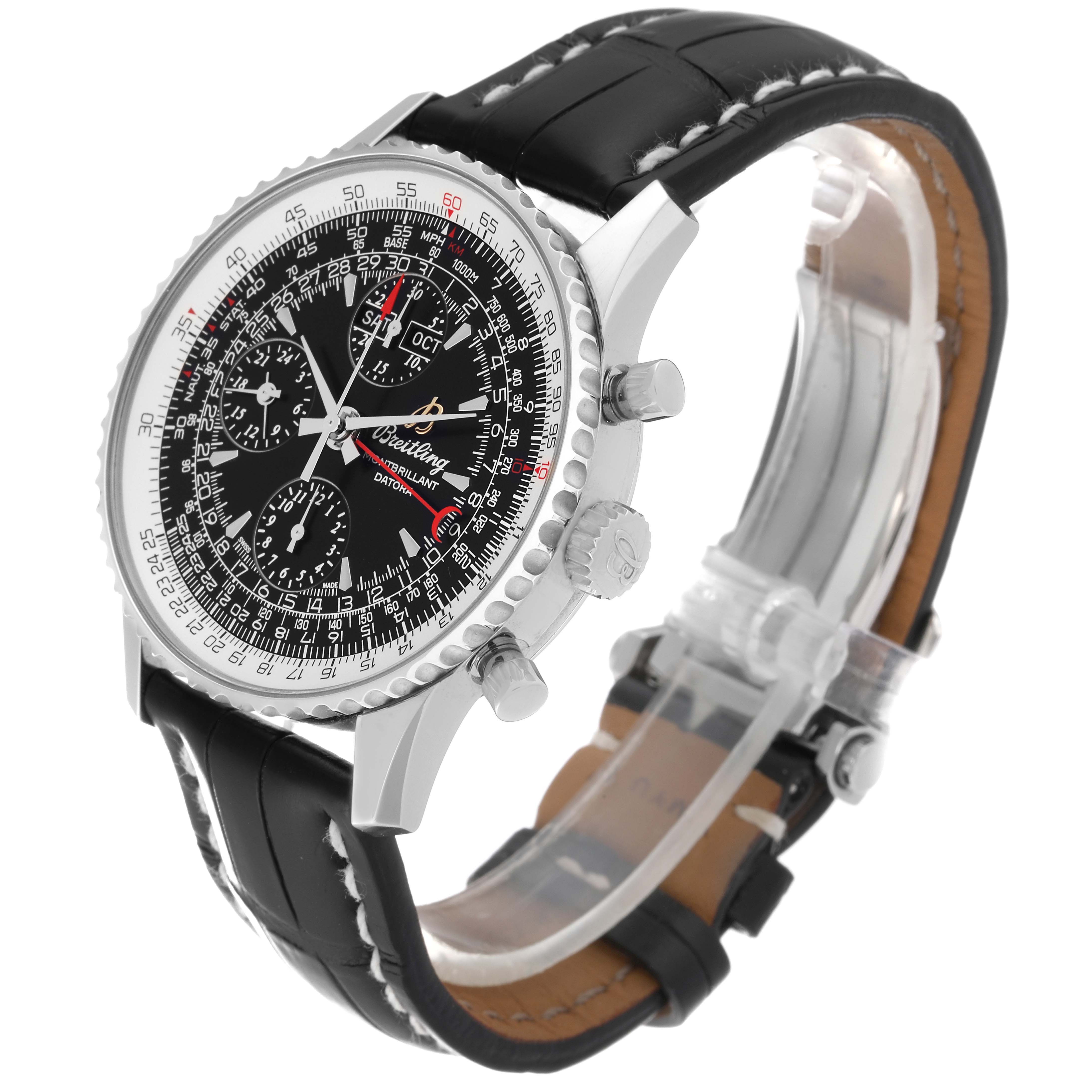 The image shows a side and partial frontal view of a Breitling Navitimer A21330 Men
s Stainless Steel Black Dial A21330 Men
s Stainless Steel Black Dial, highlighting its black dial, bezel, and leather strap.