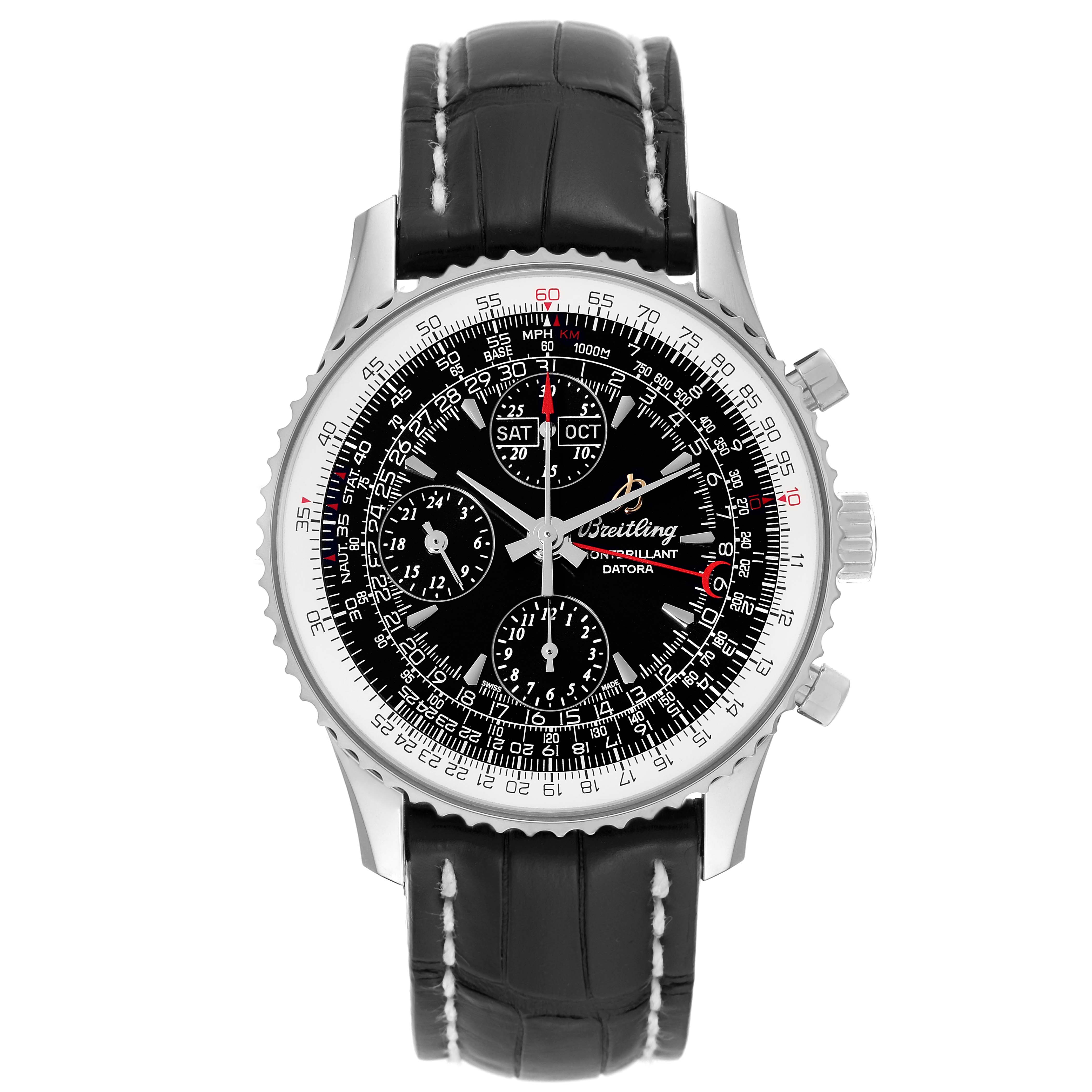 The image shows a front view of a Breitling Navitimer A21330 Men
s Stainless Steel Black Dial A21330 Men
s Stainless Steel Black Dial model watch with a black dial and leather strap.