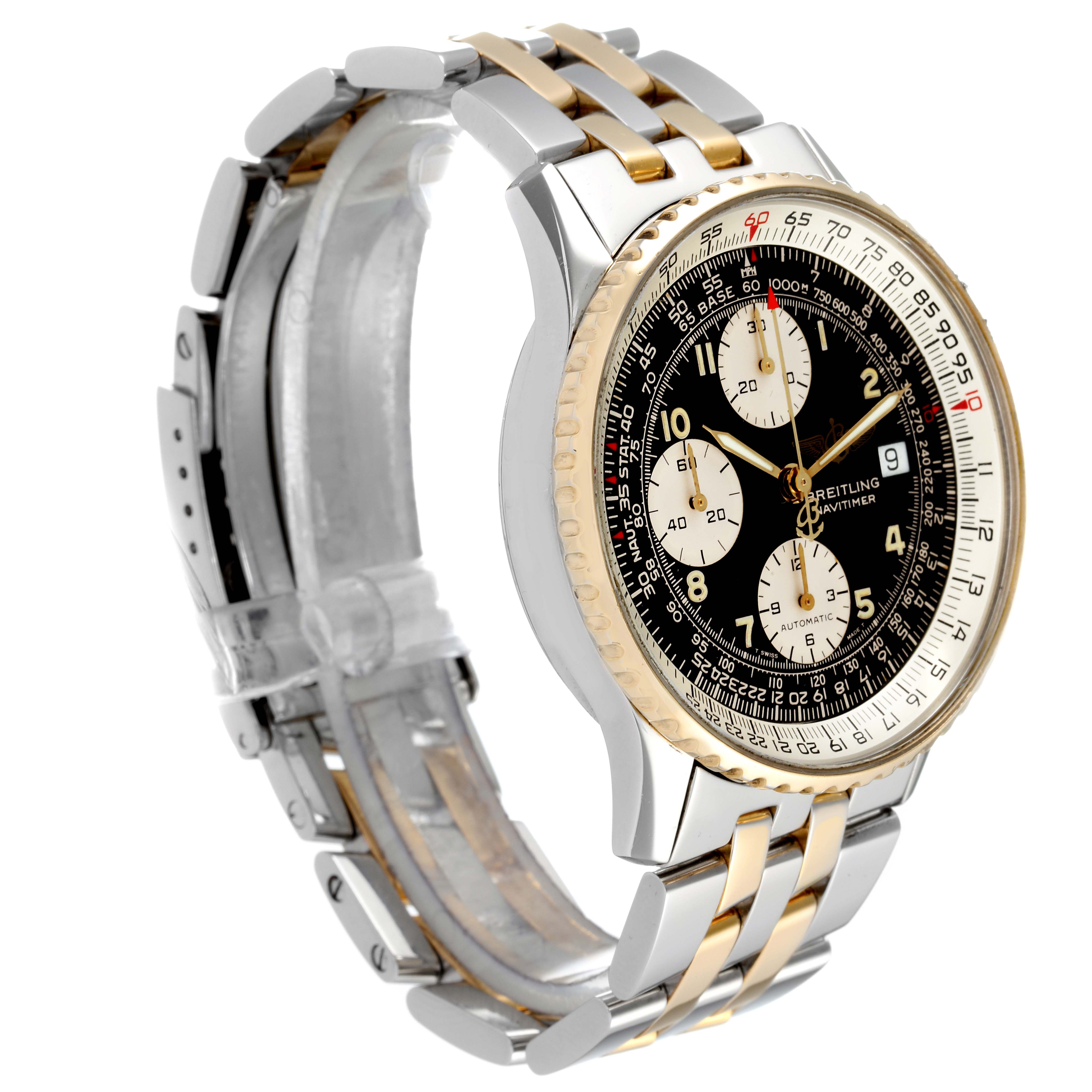 The image shows a Breitling Navitimer B13019 Men's Steel and Gold (two tone) Black Dial B13019 Men's Steel and Gold (two tone) Black Dial watch from a three-quarter side angle, highlighting the face and strap.
