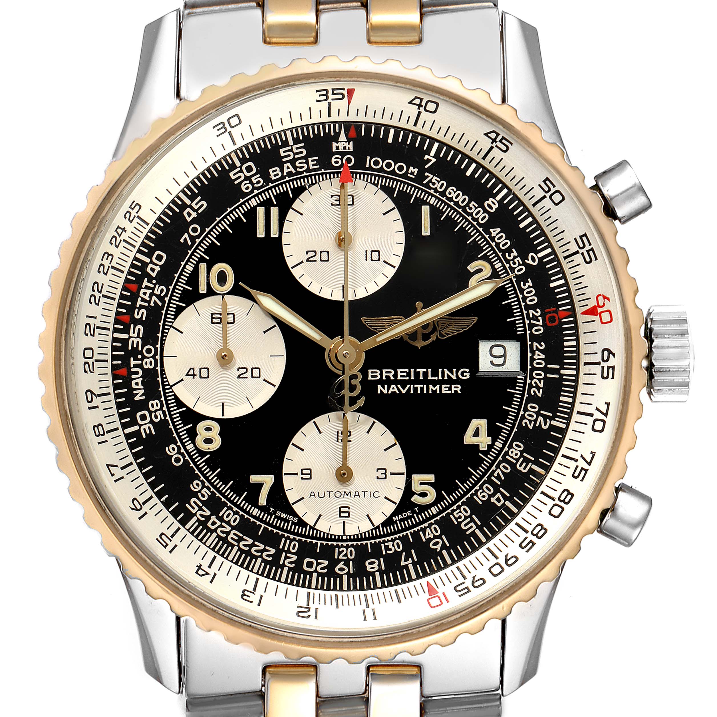 The image shows a front view of the Breitling Navitimer B13019 Men's Steel and Gold (two tone) Black Dial B13019 Men's Steel and Gold (two tone) Black Dial watch, highlighting its dial, bezel, and chronograph subdials.