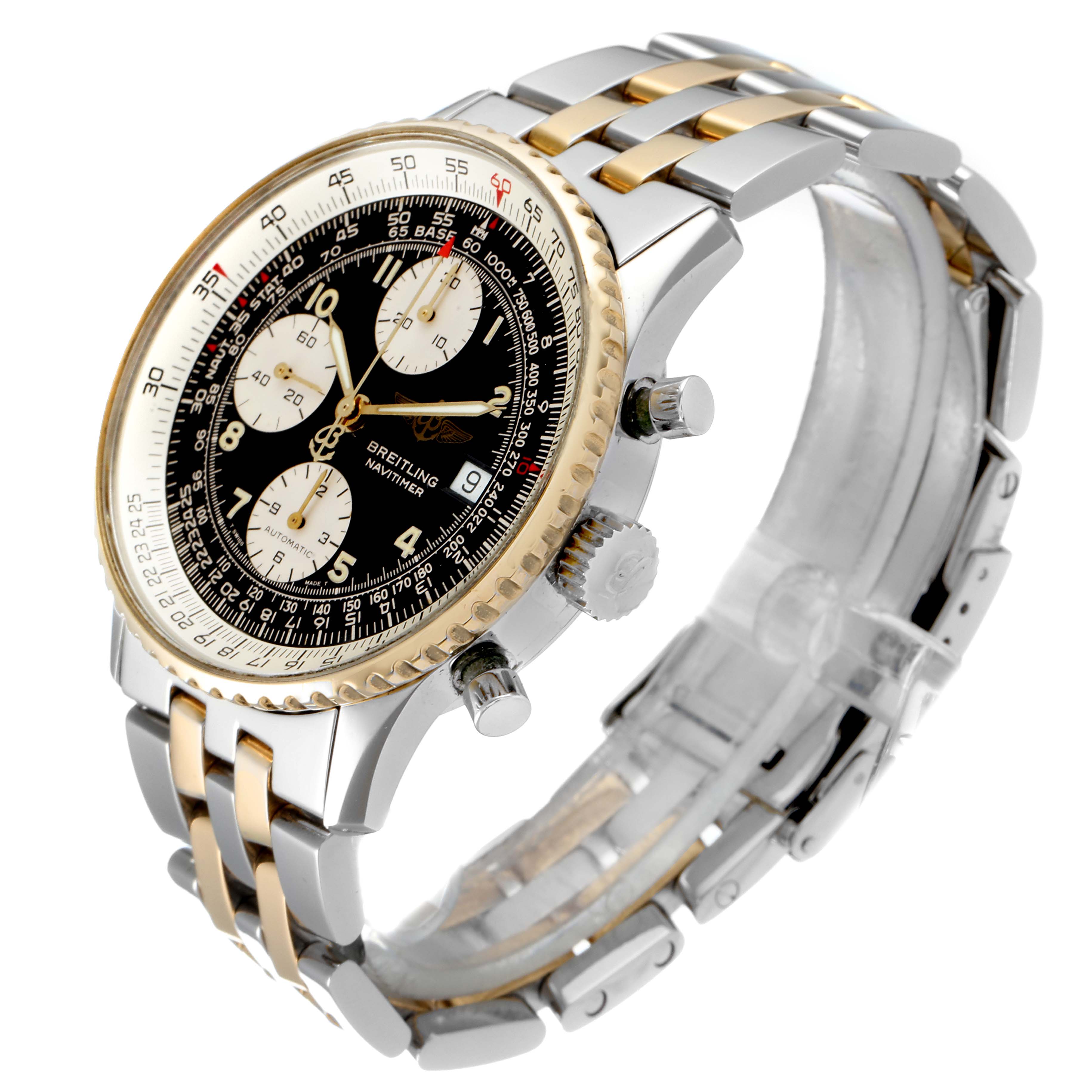 This image shows a side angle view of the Breitling Navitimer B13019 Men's Steel and Gold (two tone) Black Dial B13019 Men's Steel and Gold (two tone) Black Dial watch, highlighting its bezel, crown, and bracelet.
