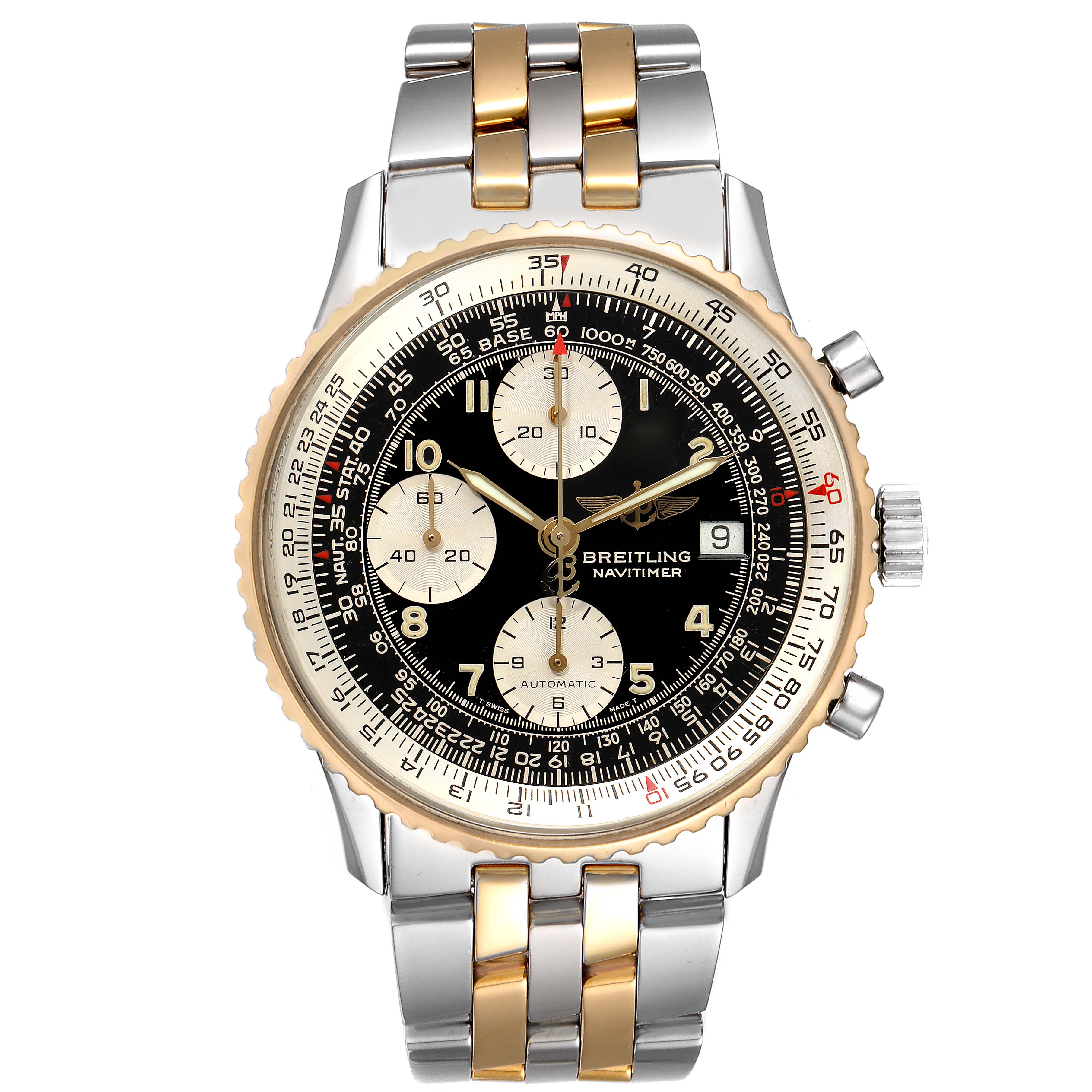 The image shows a frontal view of a Breitling Navitimer B13019 Men's Steel and Gold (two tone) Black Dial B13019 Men's Steel and Gold (two tone) Black Dial watch, highlighting its dial, bezel, and metal bracelet.