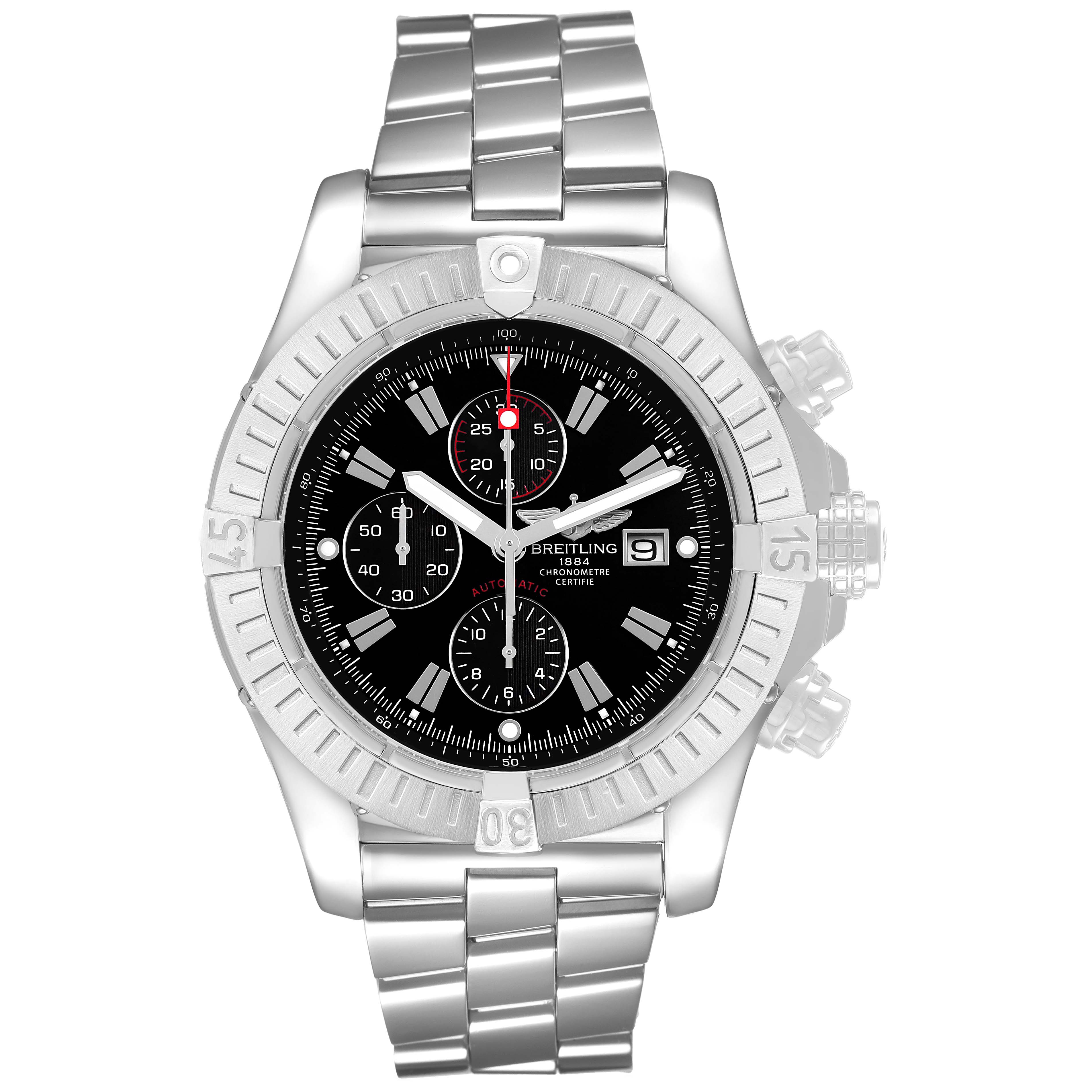 The Breitling Avenger A1337011 / B907 Men's Stainless Steel Black Dial watch is shown head-on, displaying its bezel, dial with subdials, and bracelet.