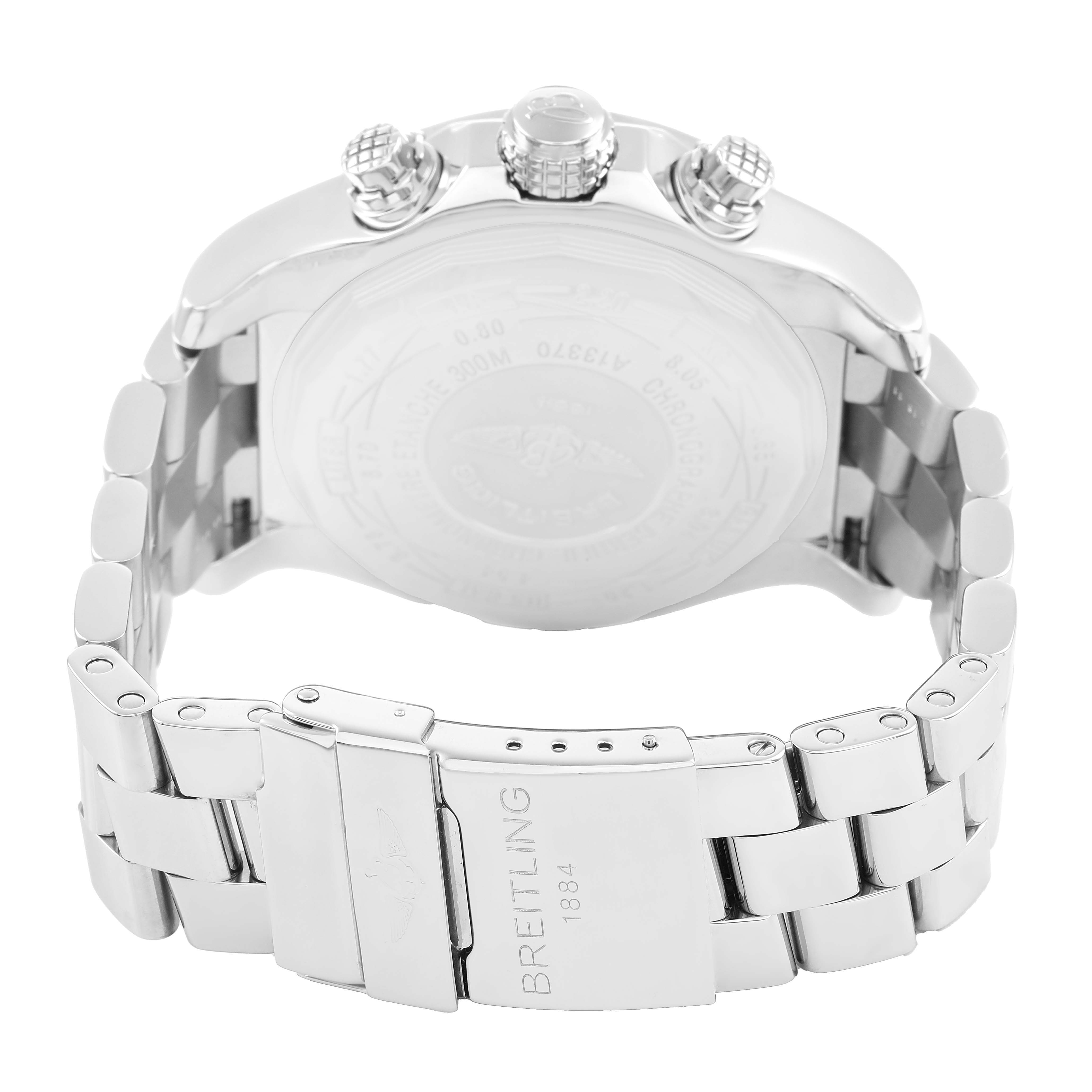 The image shows the back and side view of a Breitling Avenger A1337011 / B907 Men's Stainless Steel Black Dial watch, highlighting the clasp, bracelet, case back, and pushers.