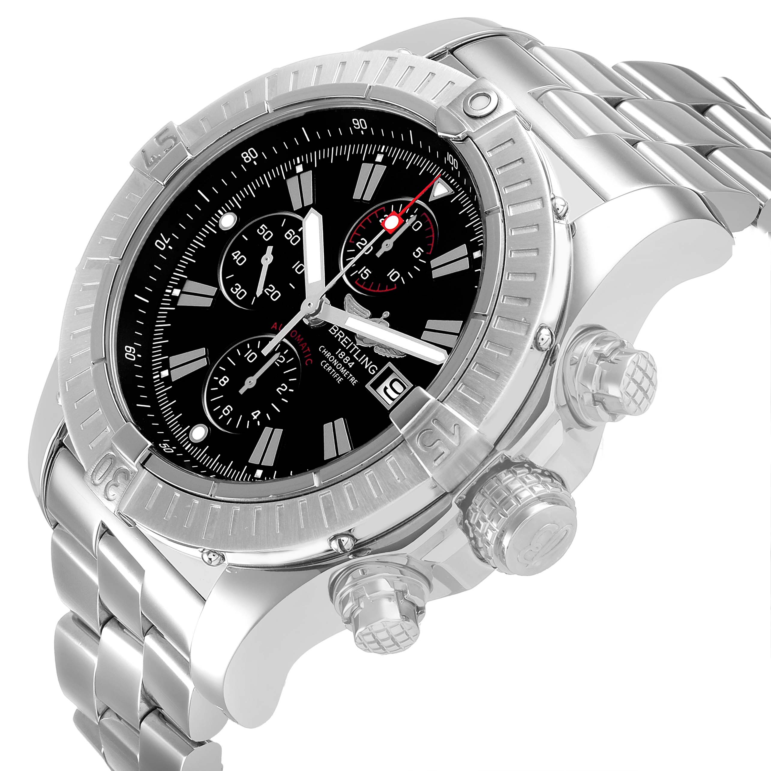 The Breitling Avenger A1337011 / B907 Men's Stainless Steel Black Dial watch is shown at a three-quarters angle highlighting the bezel, chronograph dials, crown, and bracelet.