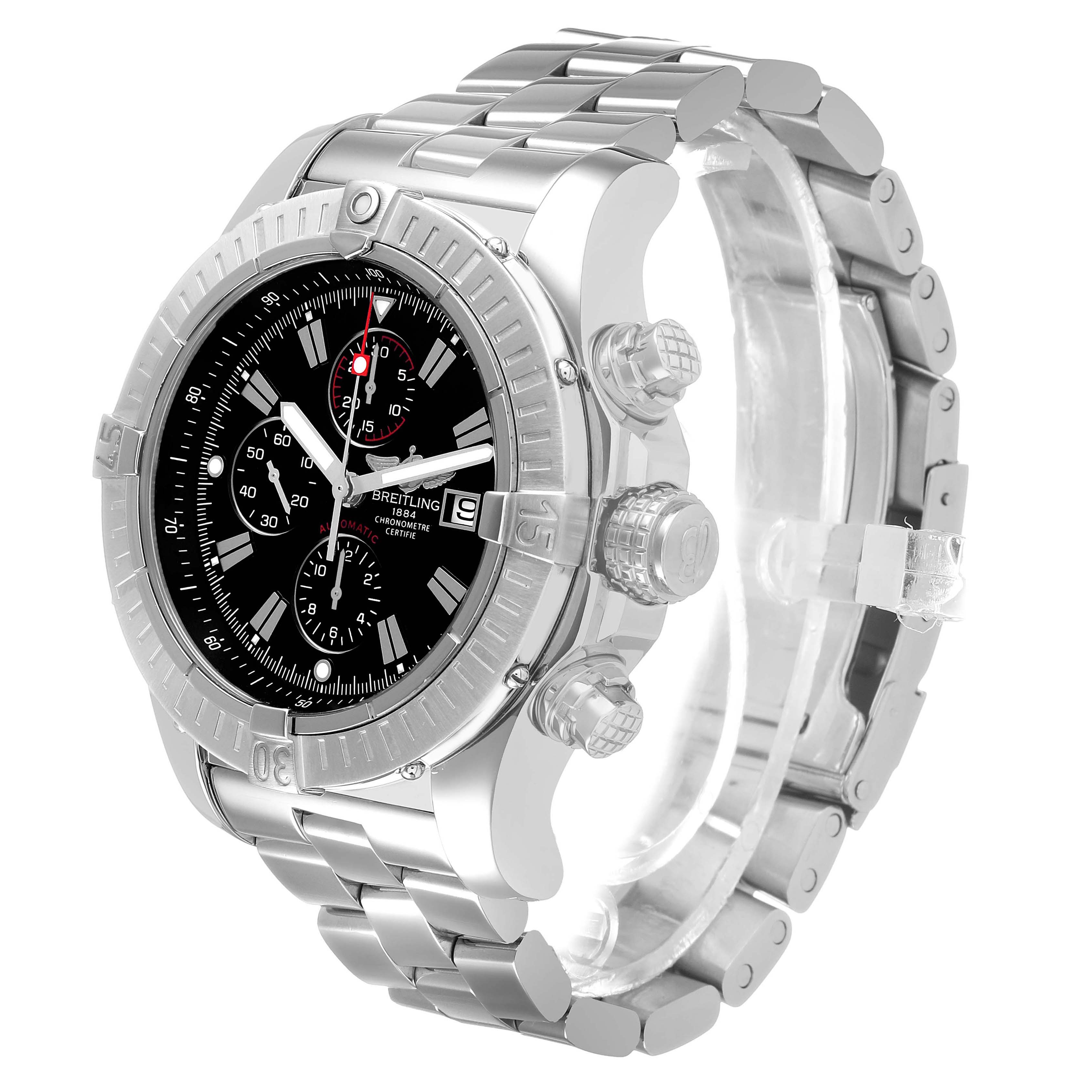 The Breitling Avenger A1337011 / B907 Men's Stainless Steel Black Dial watch is shown at an angled, side view, displaying the bezel, crown, pushers, and metal bracelet.