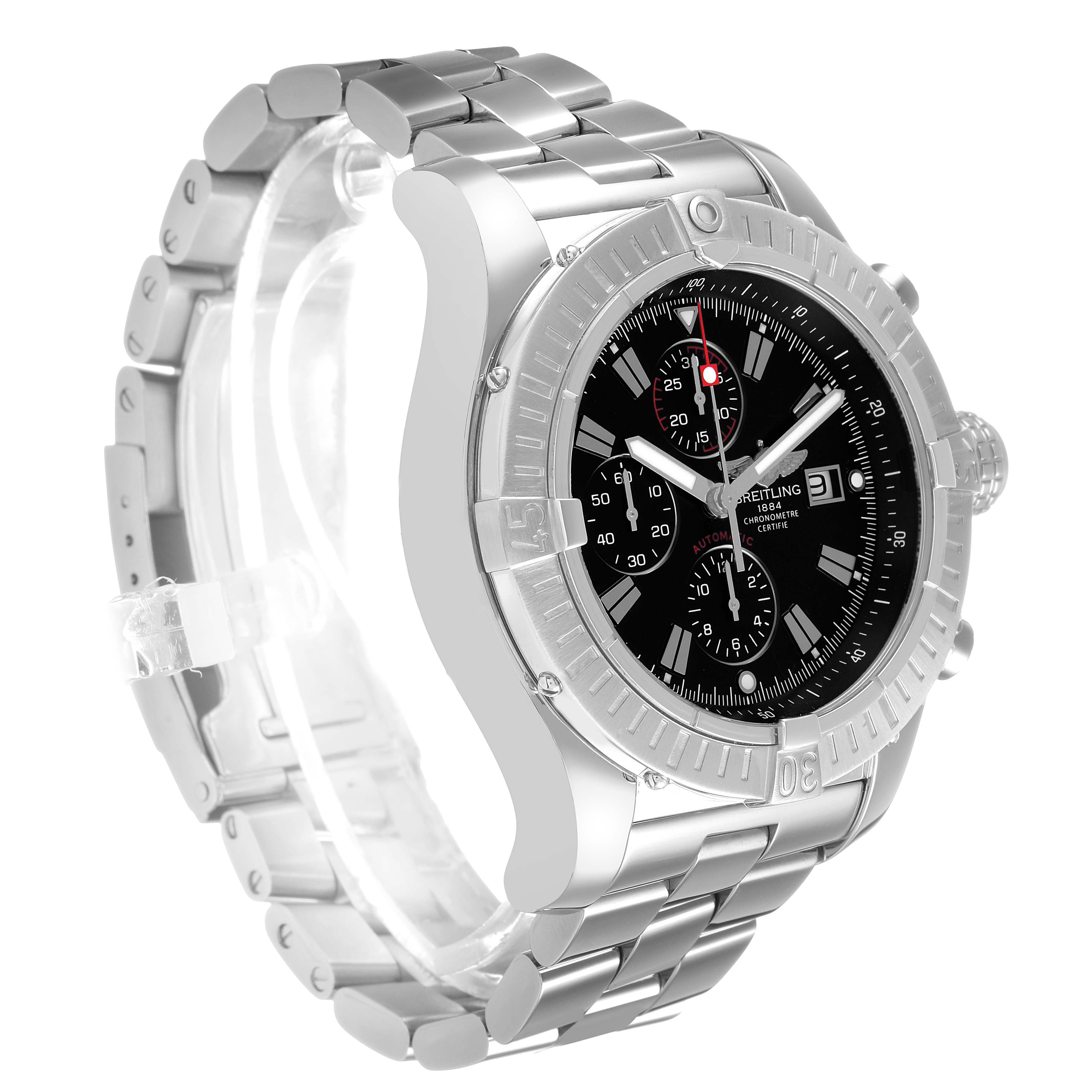 The Breitling Avenger A1337011 / B907 Men's Stainless Steel Black Dial watch is shown at a three-quarter angle, highlighting the bezel, dial, chronograph subdials, and metal bracelet.