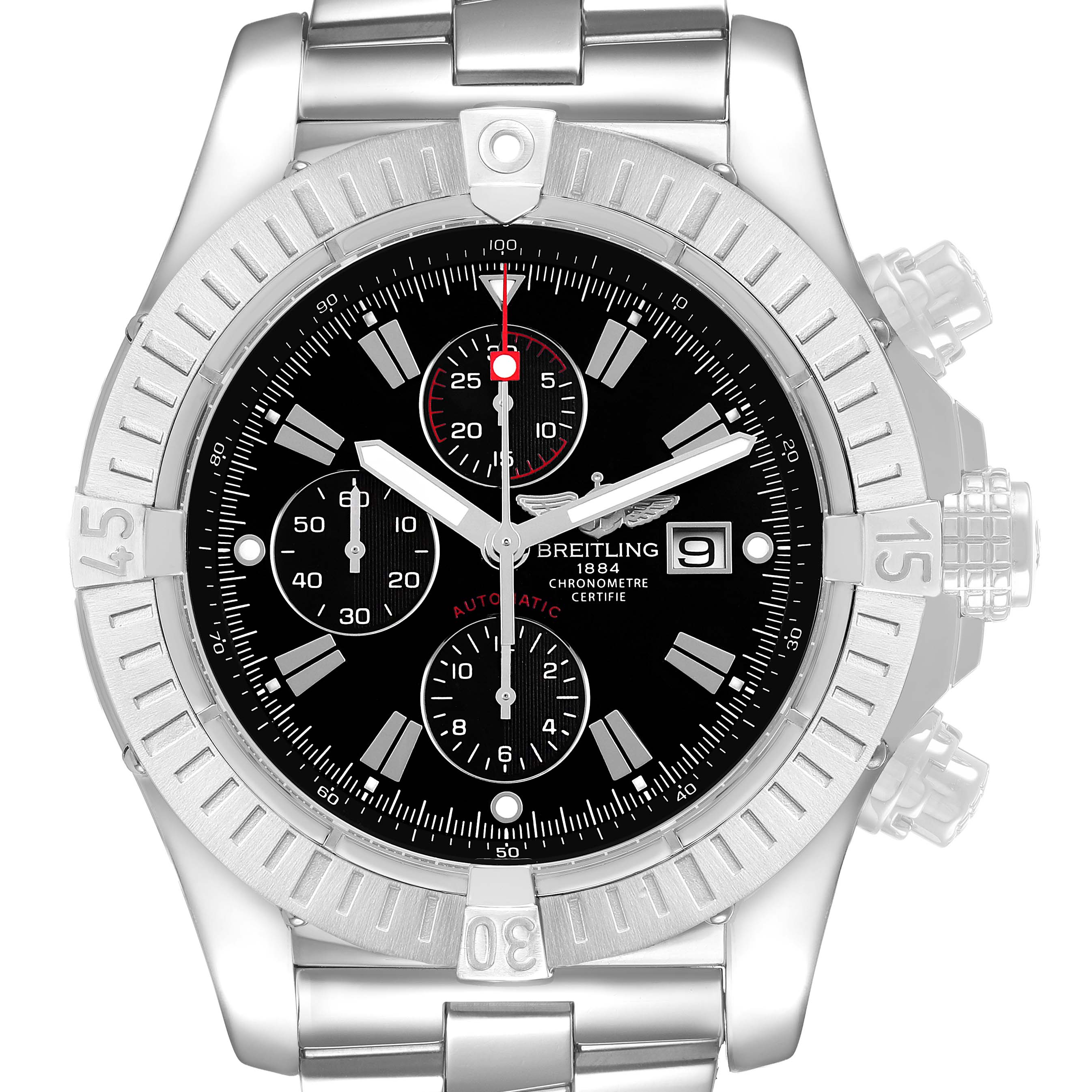 The Breitling Avenger A1337011 / B907 Men's Stainless Steel Black Dial watch is shown from a front angle, highlighting the dial, bezel, and bracelet with detail on the chronograph.