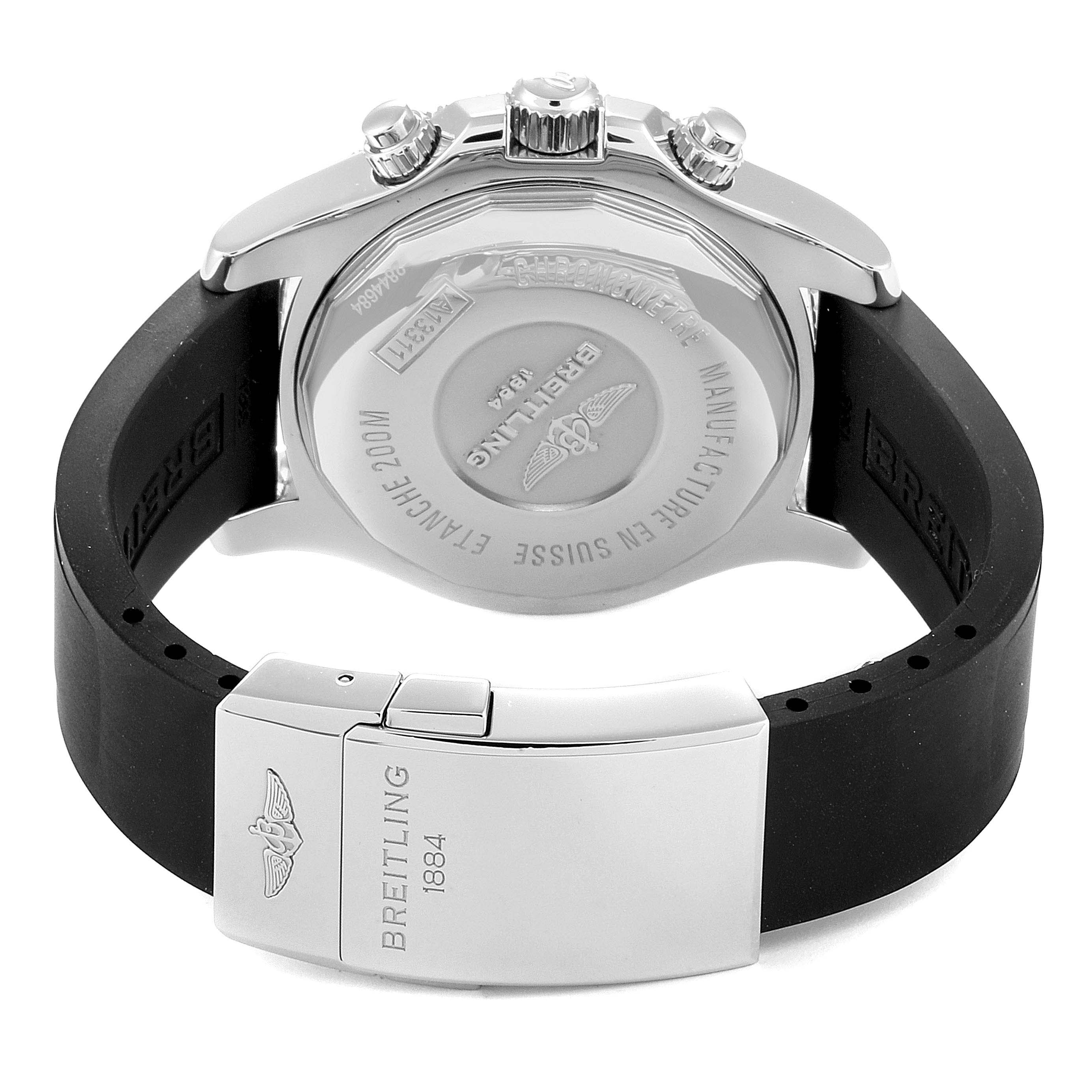 This image shows the back side and clasp of a Breitling Superocean A13311 Men
s Stainless Steel Blue Dial A13311 Men
s Stainless Steel Blue Dial watch, featuring its stainless steel case and black rubber strap.