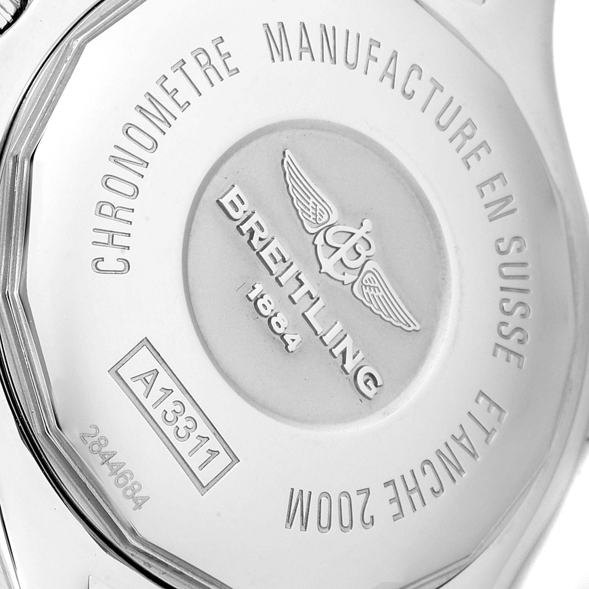 This is the back case of the Breitling Superocean A13311 Men
s Stainless Steel Blue Dial A13311 Men
s Stainless Steel Blue Dial model watch, showing the brand name, logo, and model details.