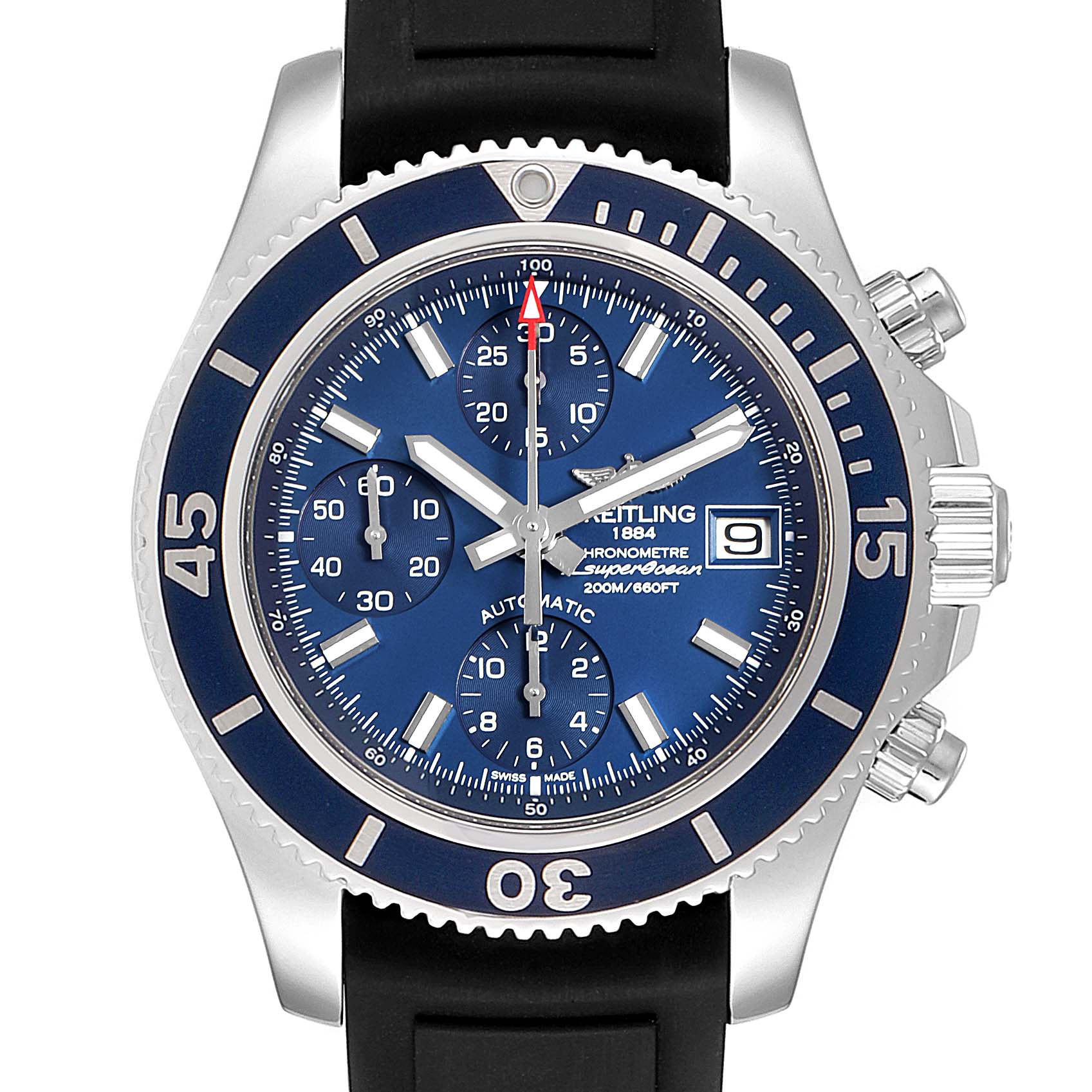The image shows a frontal view of the Breitling Superocean A13311 Men
s Stainless Steel Blue Dial A13311 Men
s Stainless Steel Blue Dial watch, highlighting the dial, bezel, and chronograph pushers.