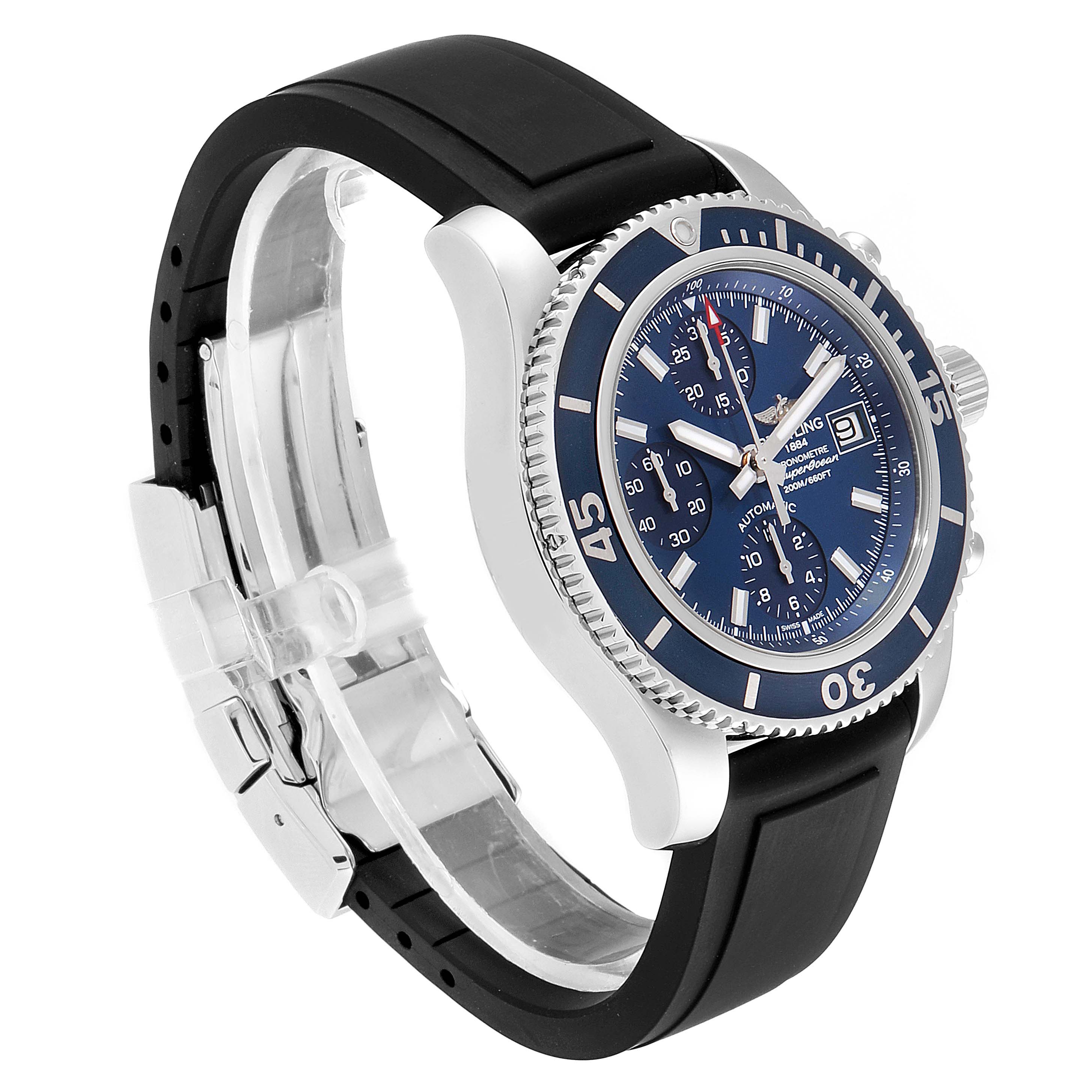 The image shows a side-angle view of the Breitling Superocean A13311 Men
s Stainless Steel Blue Dial A13311 Men
s Stainless Steel Blue Dial watch, focusing on its face, bezel, and black strap.
