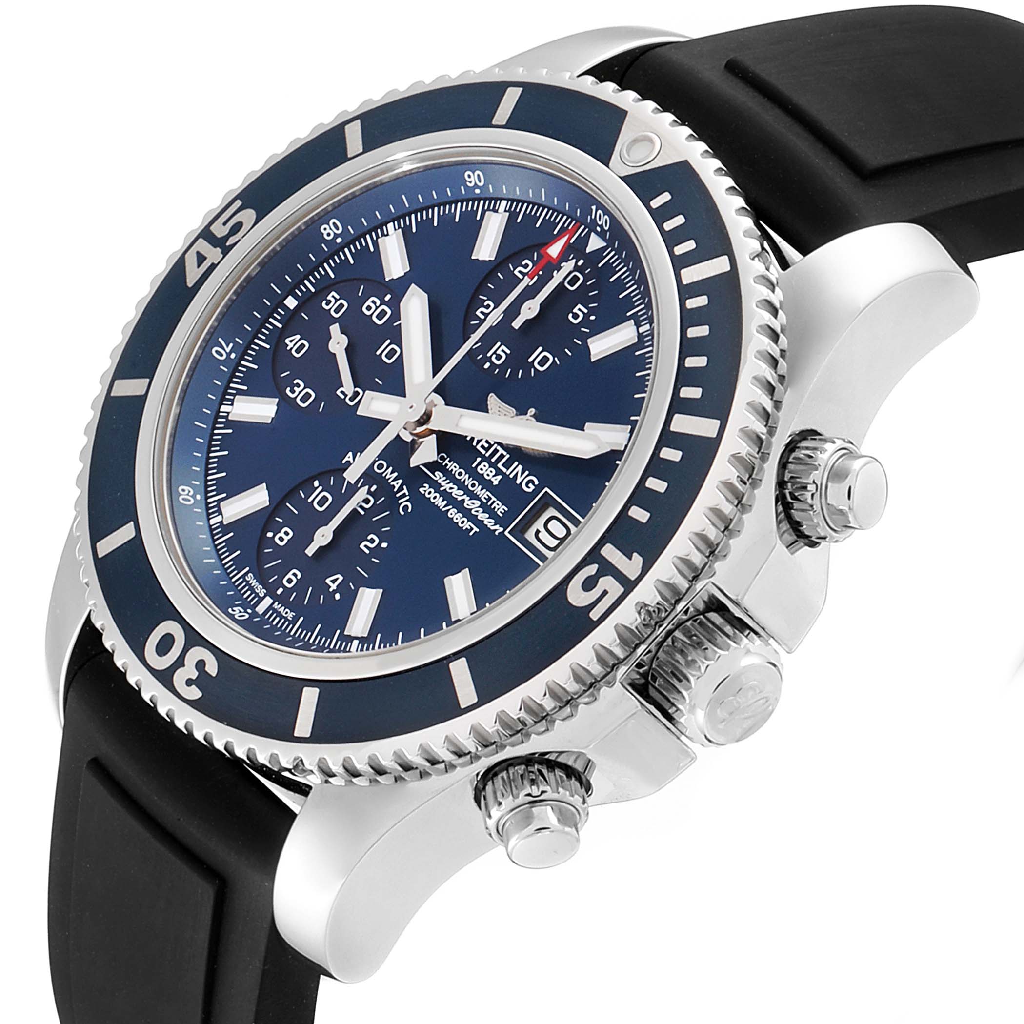 The image displays a side-angle view of the Breitling Superocean A13311 Men
s Stainless Steel Blue Dial A13311 Men
s Stainless Steel Blue Dial model
s watch face, bezel, crown, pushers, and part of the strap.