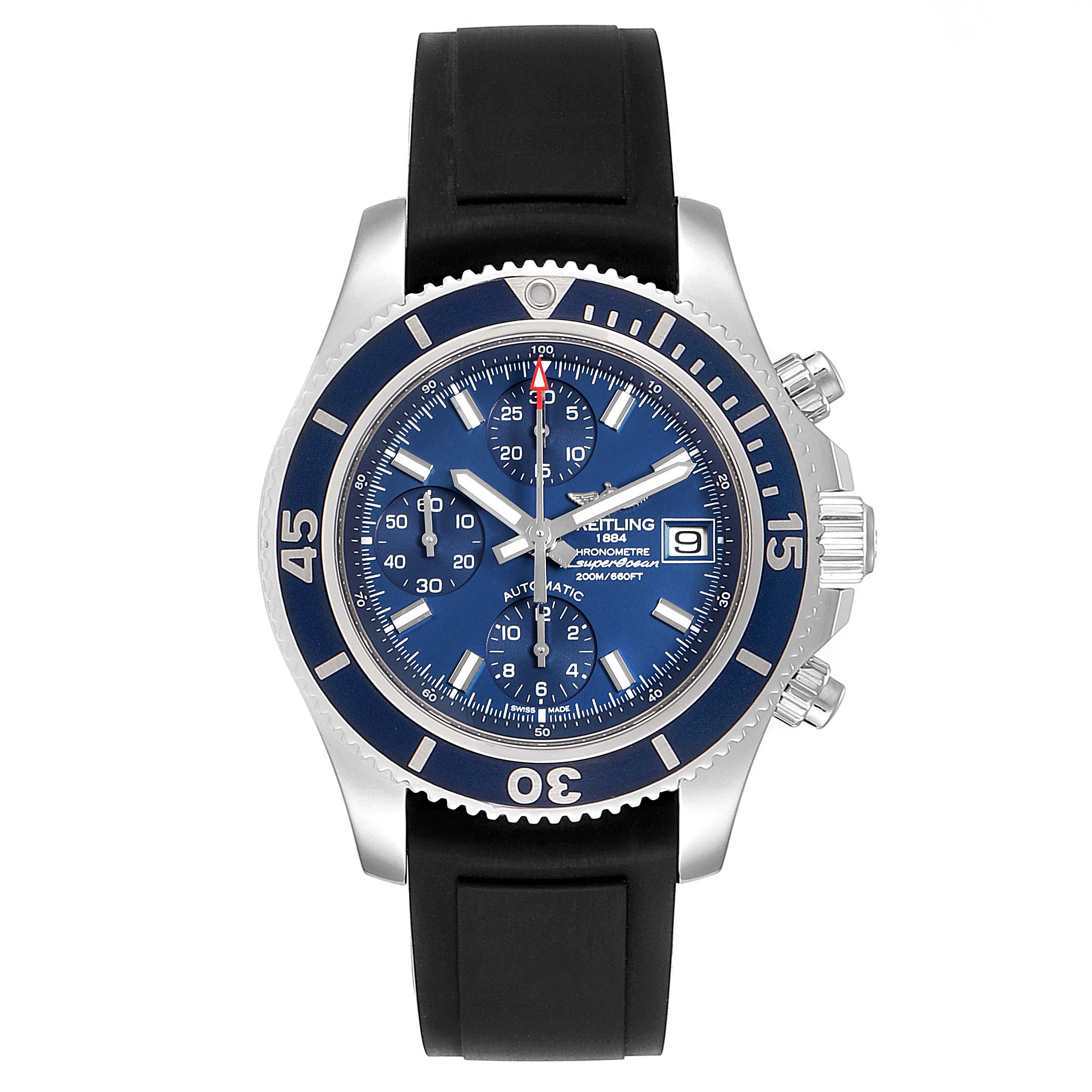 The image shows a front view of a Breitling Superocean A13311 Men
s Stainless Steel Blue Dial A13311 Men
s Stainless Steel Blue Dial watch with a blue dial, chronograph, and black strap.
