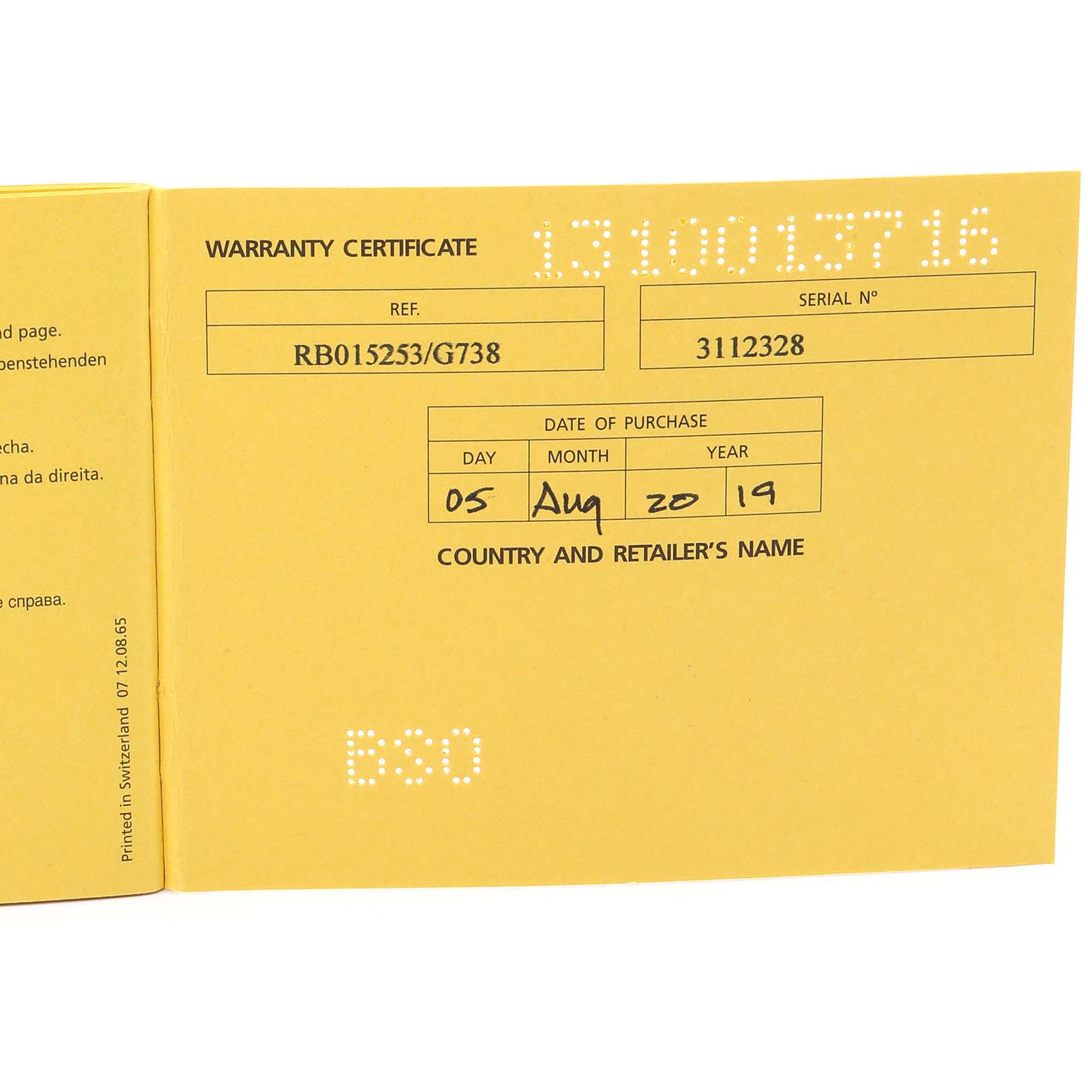 The image shows the Breitling Transocean RB0152 Men's Rose Gold Silver Dial RB0152 Men's Rose Gold Silver Dial model's warranty certificate with purchase details and serial numbers.