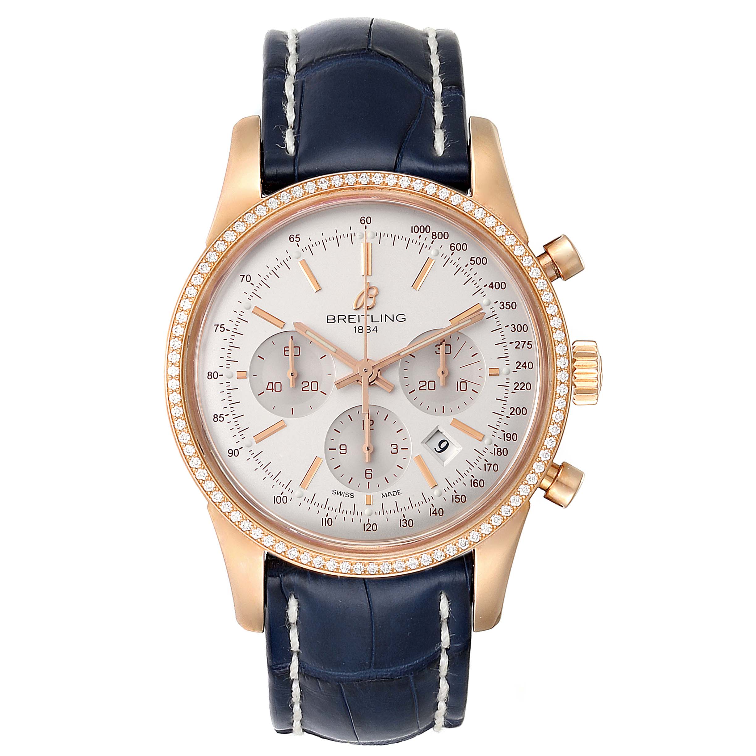 The image shows a frontal view of the Breitling Transocean RB0152 Men's Rose Gold Silver Dial RB0152 Men's Rose Gold Silver Dial watch with a gold case, chronograph dials, and a dark leather strap.