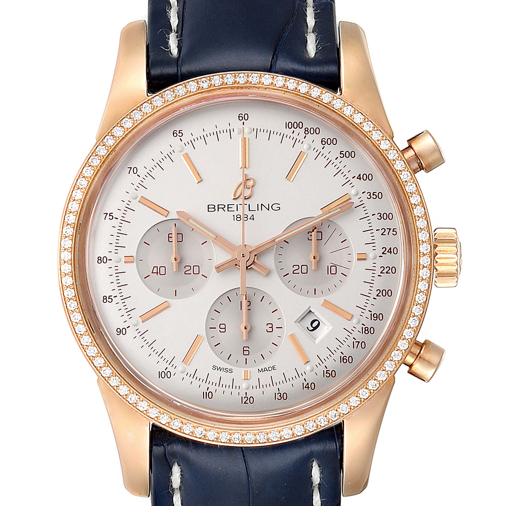 The Breitling Transocean RB0152 Men's Rose Gold Silver Dial RB0152 Men's Rose Gold Silver Dial watch is shown from the front, displaying its face, bezel, and part of the strap.