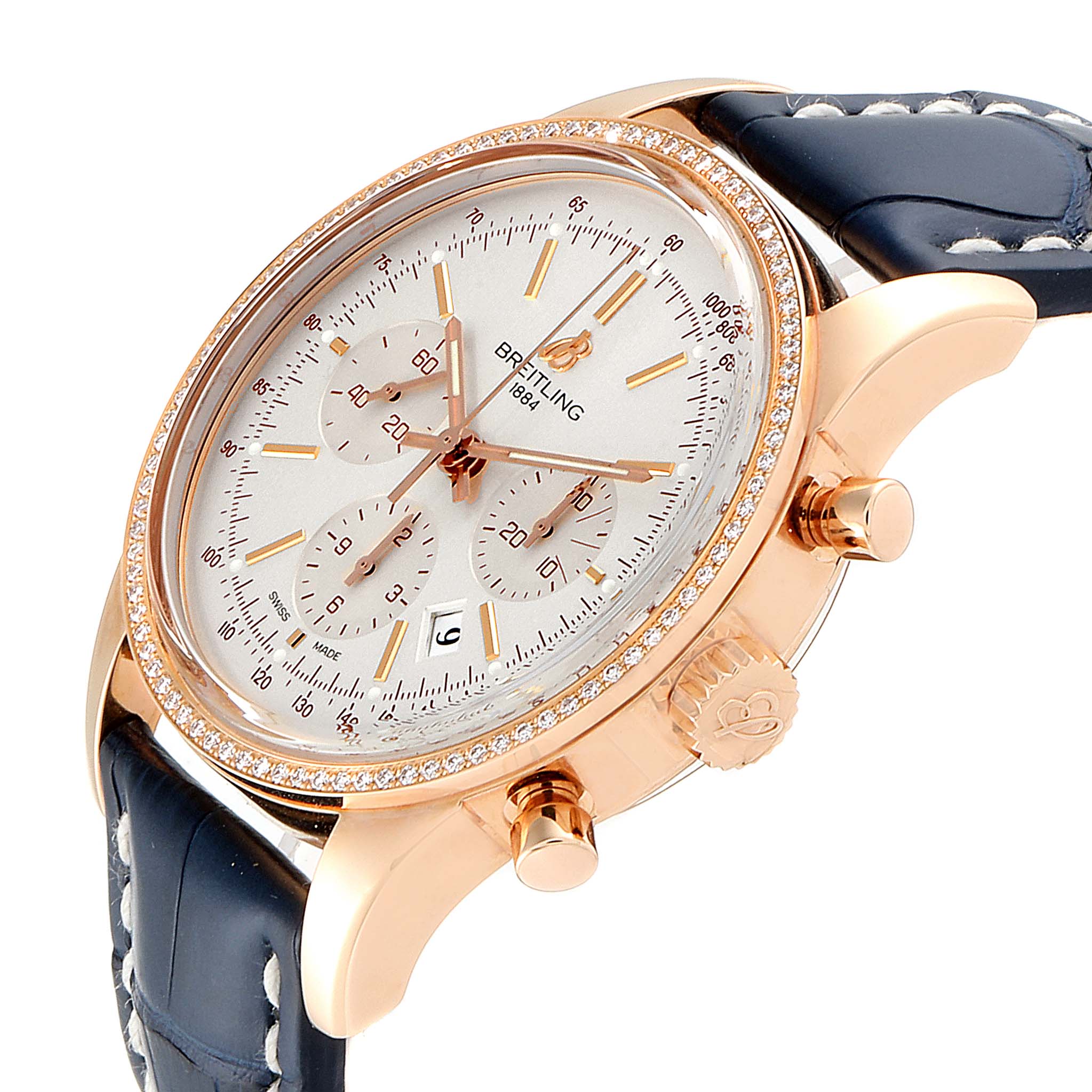 The Breitling Transocean RB0152 Men's Rose Gold Silver Dial RB0152 Men's Rose Gold Silver Dial watch is shown at a slight angle, highlighting the dial, bezel, and crown with a leather strap.