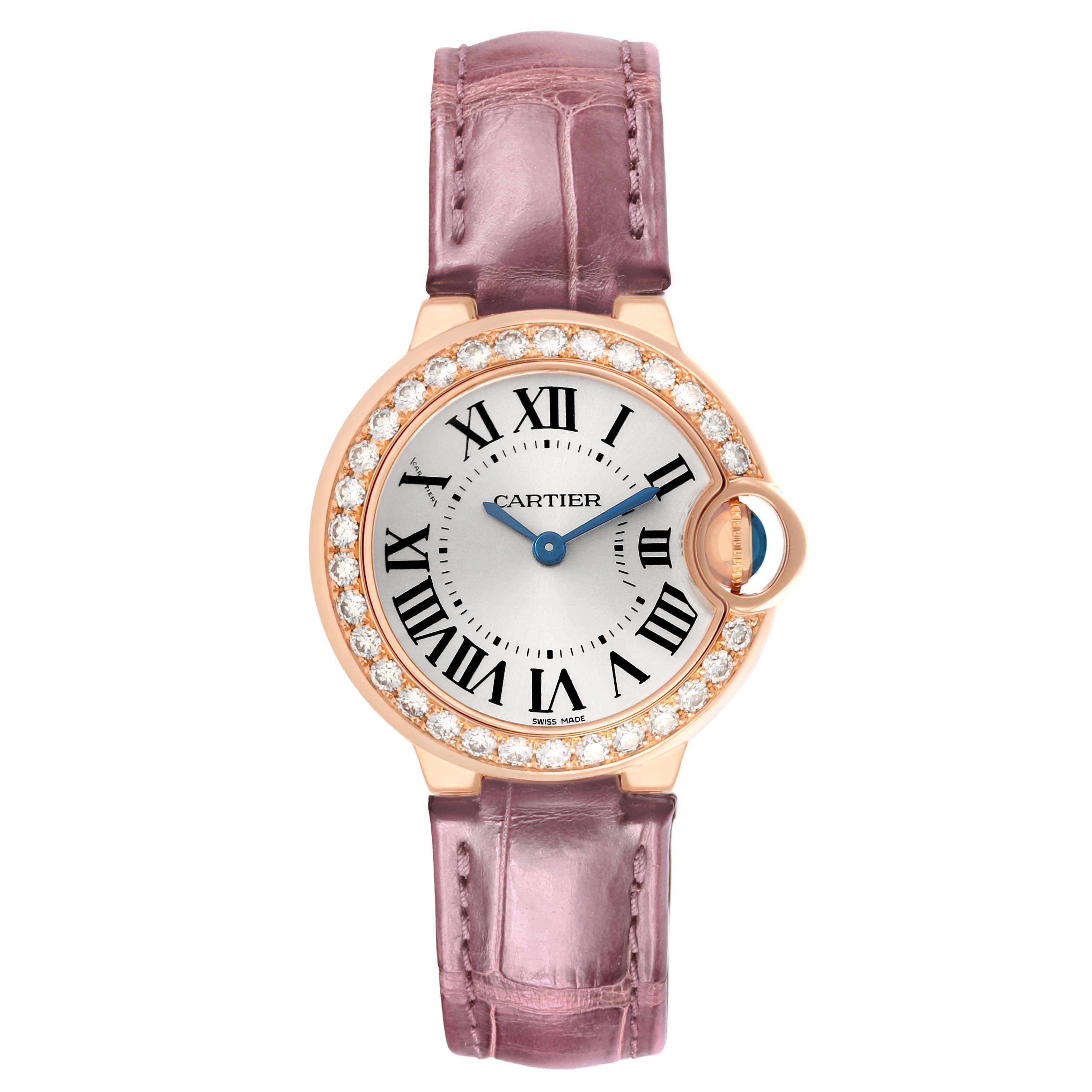 The Cartier Ballon Bleu WE900251 Women's Rose Gold Silver Dial watch is shown from the front, highlighting its diamond-set bezel and purple leather strap.