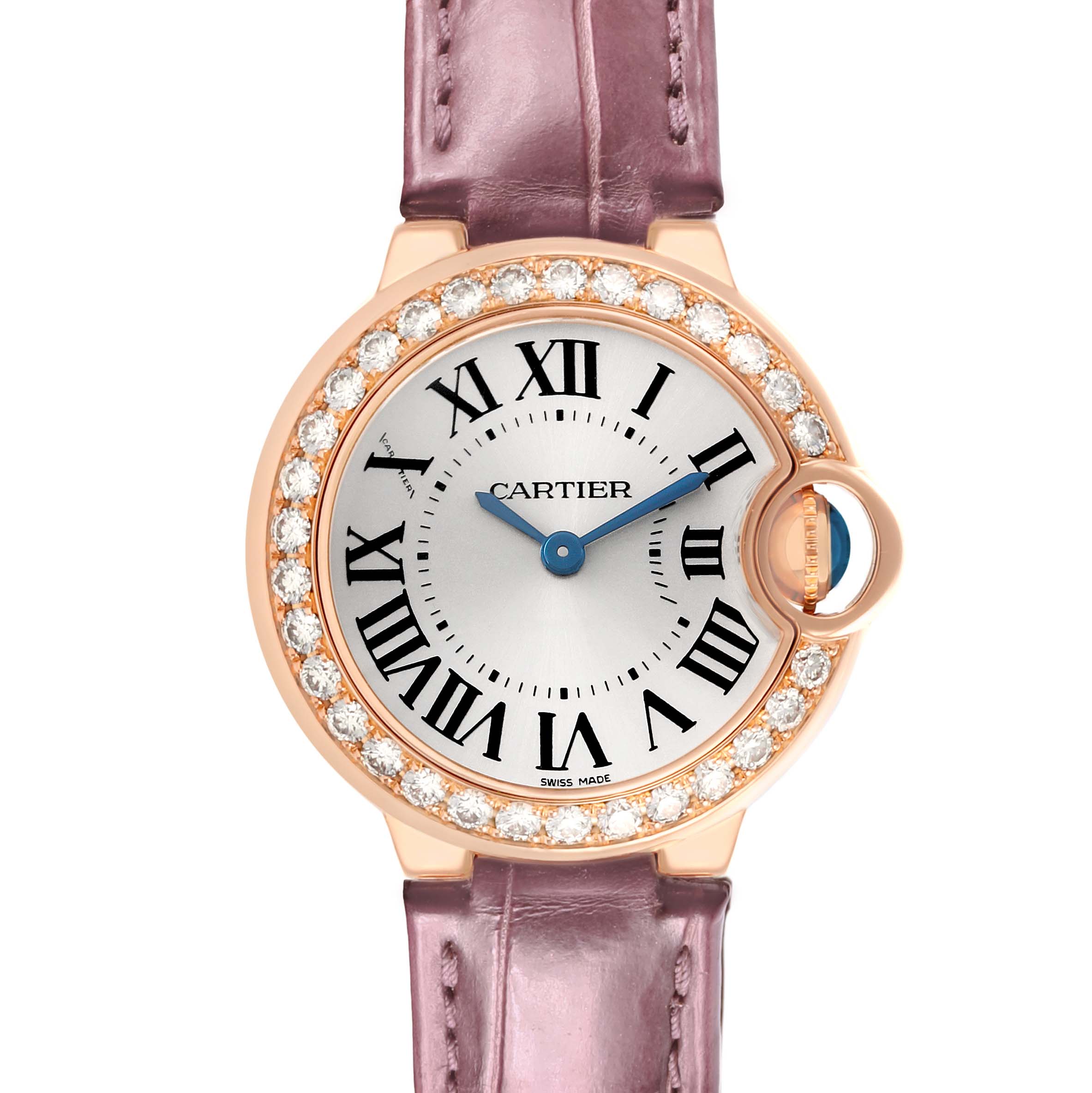The Cartier Ballon Bleu WE900251 Women's Rose Gold Silver Dial watch is shown in a front view highlighting its diamond bezel and leather strap.