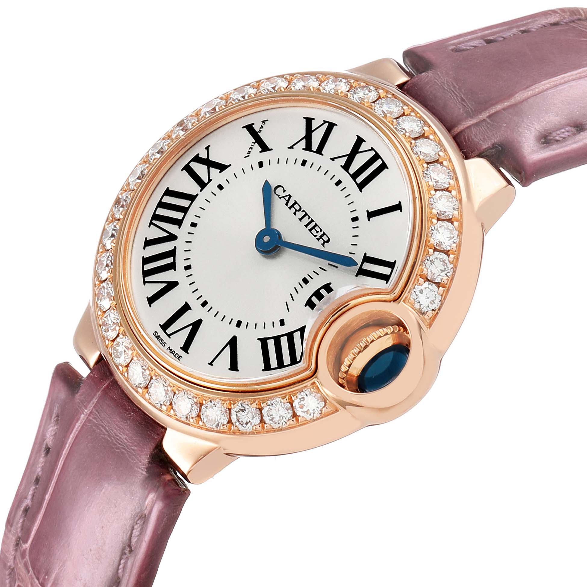 The Cartier Ballon Bleu WE900251 Women's Rose Gold Silver Dial watch is shown at an angle highlighting the bezel, crown, dial, and part of the strap.