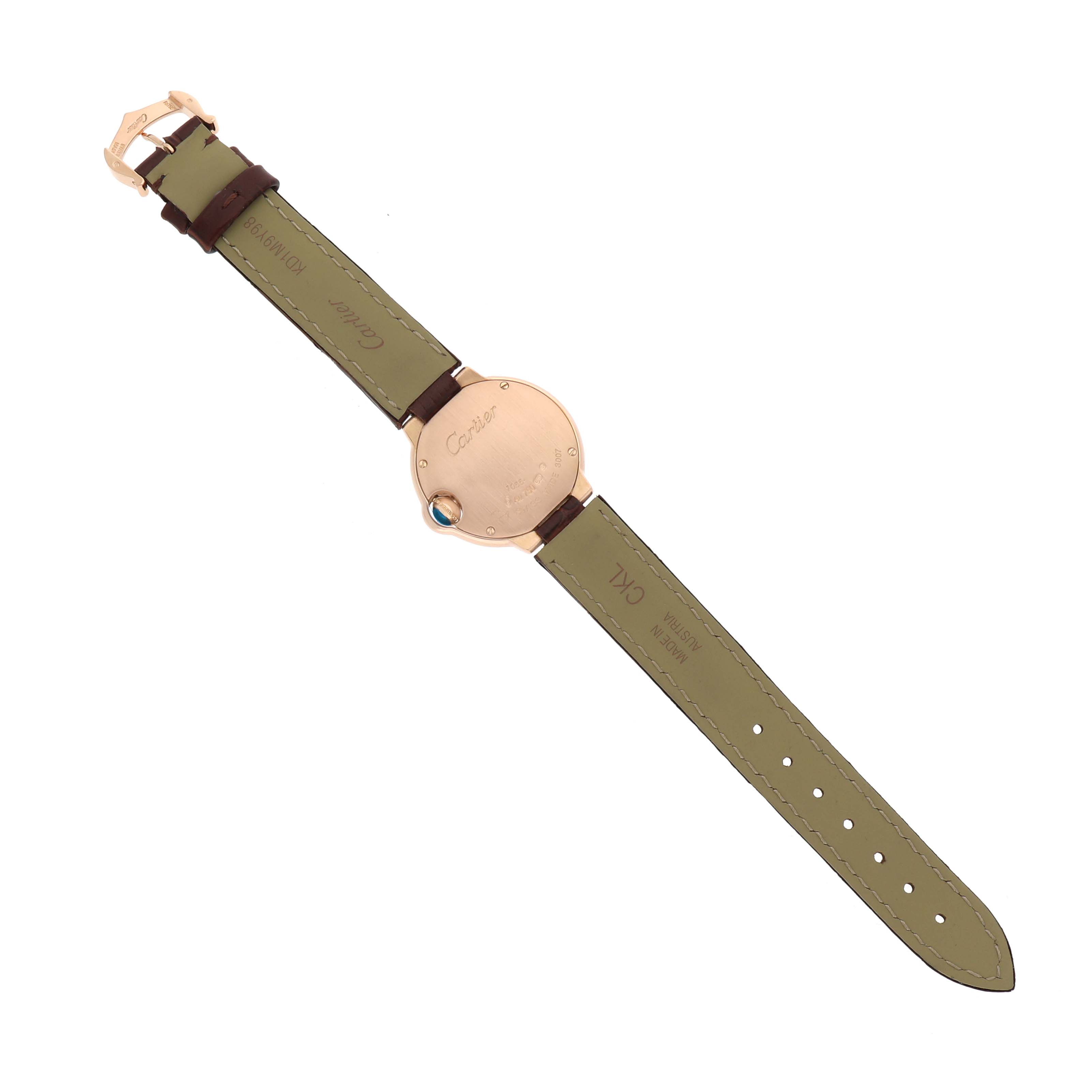 The Cartier Ballon Bleu WE900251 Women's Rose Gold Silver Dial watch is shown from the back, displaying the strap and caseback, with a visible crown.