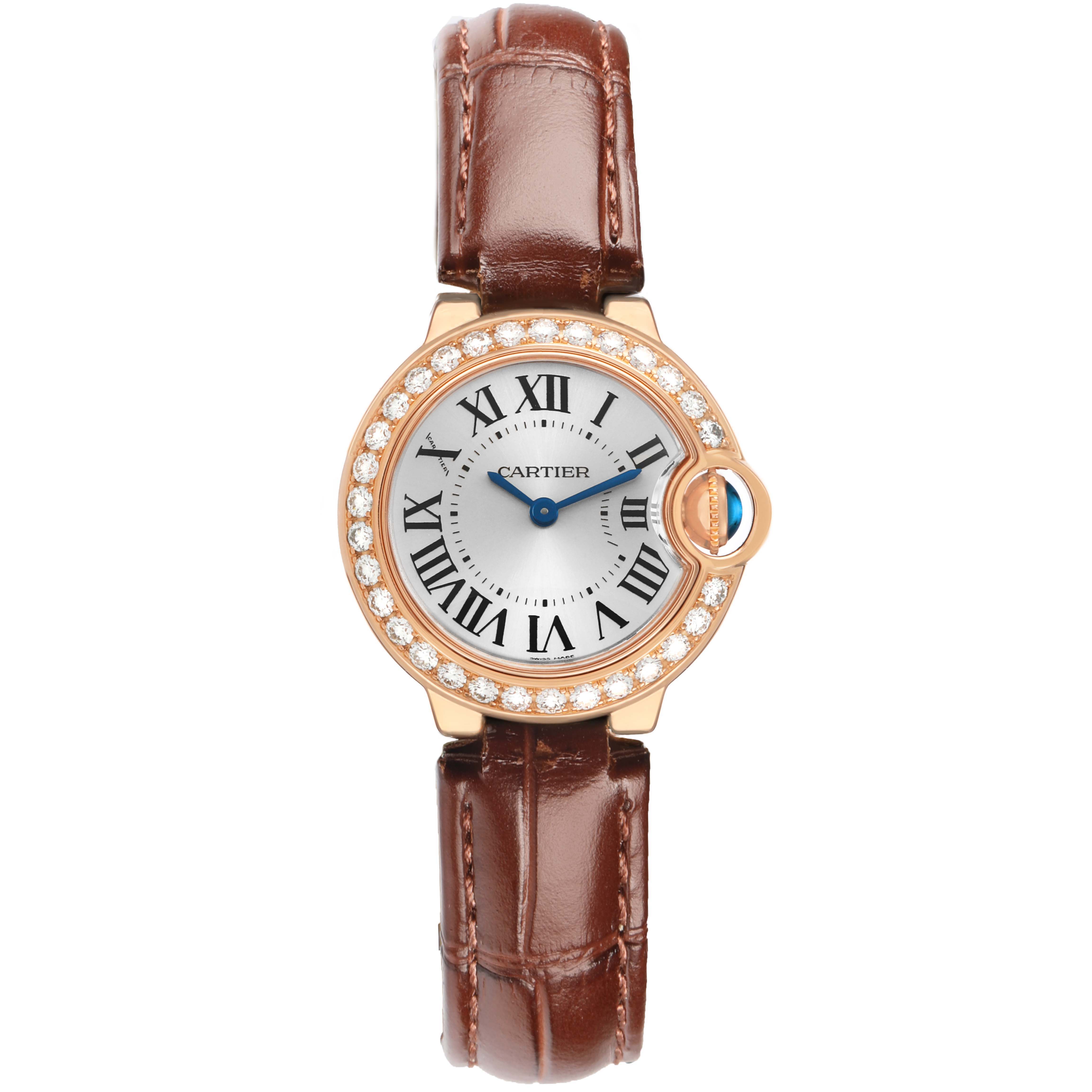 The Cartier Ballon Bleu WE900251 Women's Rose Gold Silver Dial watch is shown from the front, featuring a diamond bezel and brown leather strap.