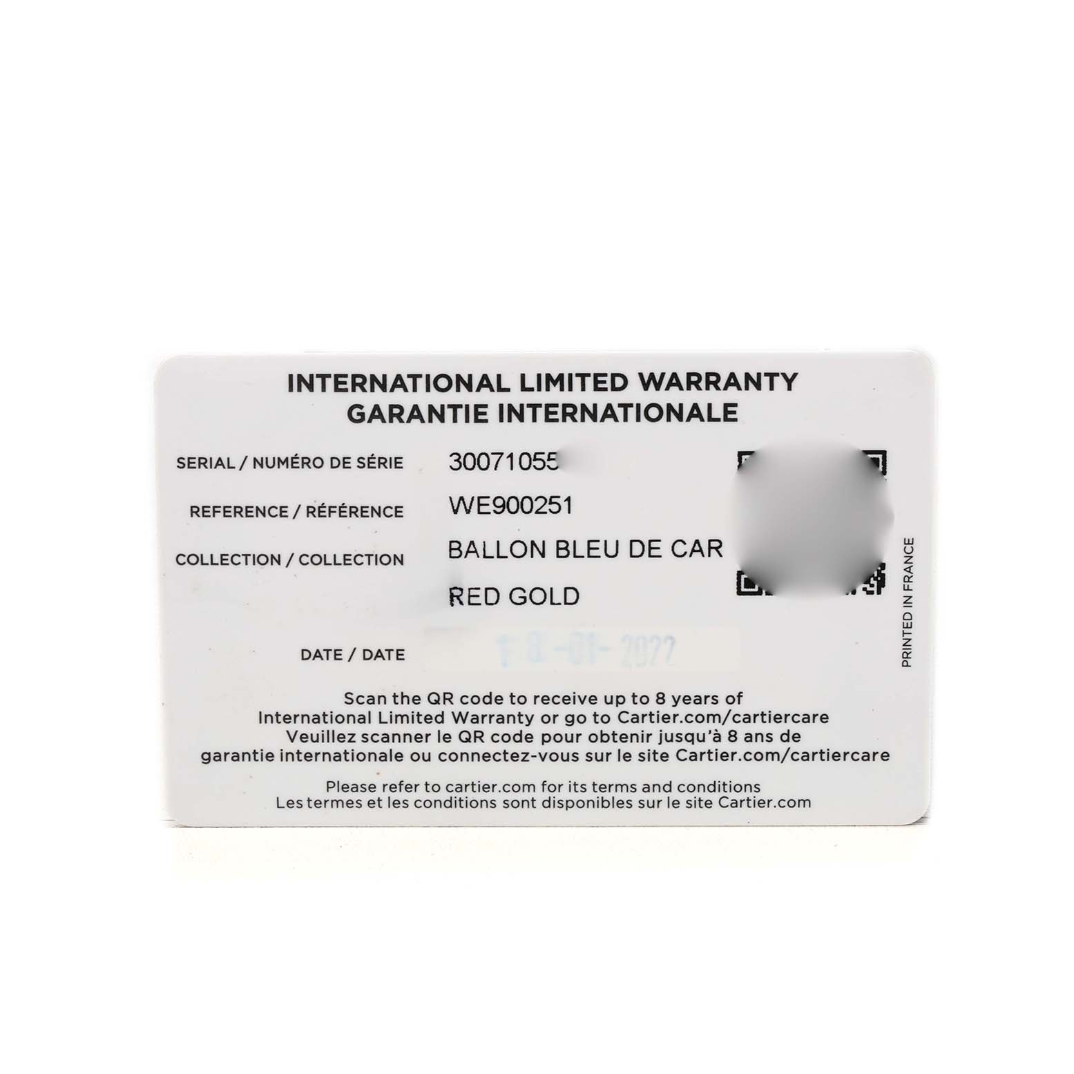 The image shows an International Limited Warranty card for the Cartier Ballon Bleu WE900251 Women's Rose Gold Silver Dial watch model.