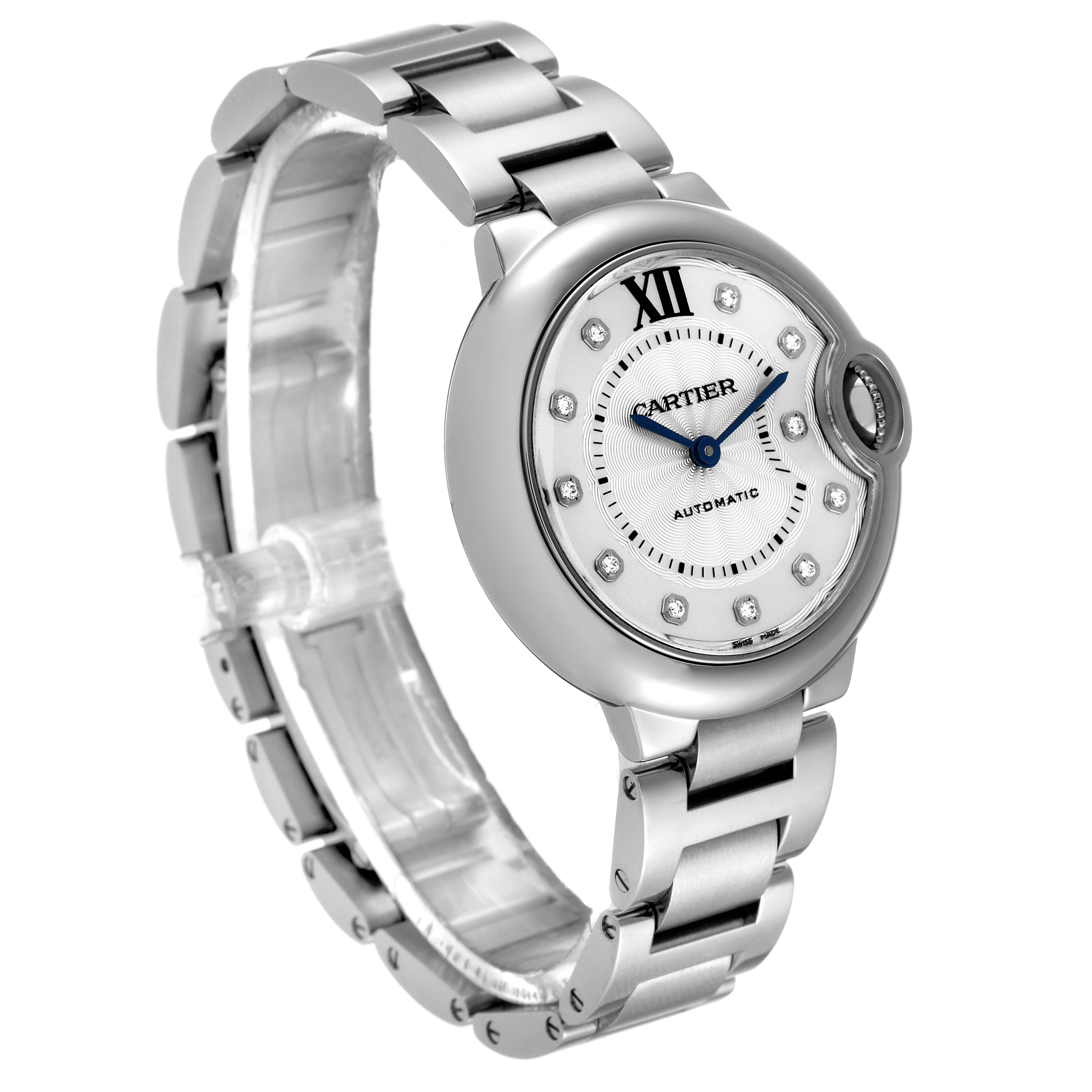The image shows a side-angle view of a Cartier Ballon Bleu WE902074 Women
s Stainless Steel Silver Dial WE902074 Women
s Stainless Steel Silver Dial watch, displaying the face and metal bracelet.