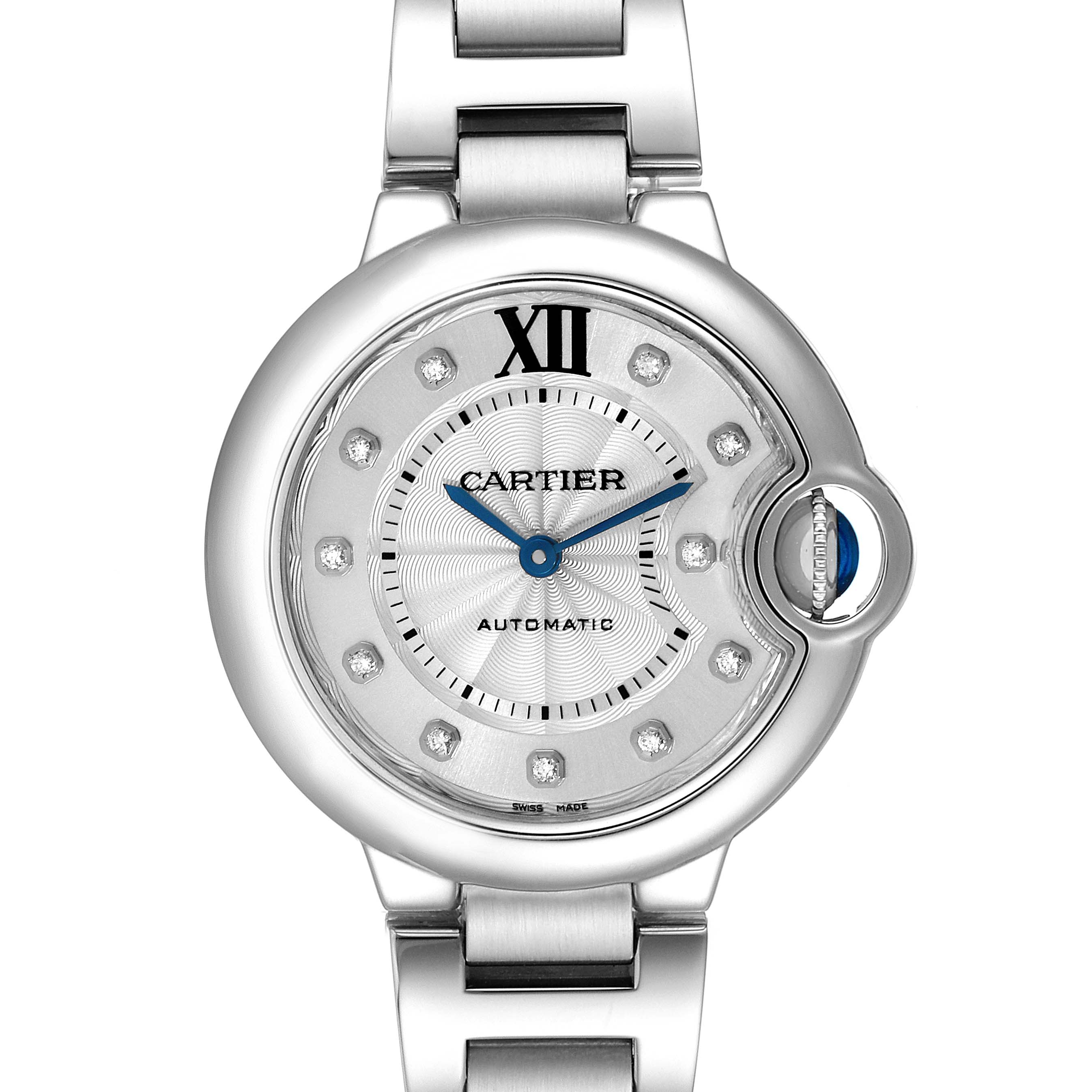 The image shows a front view of the Cartier Ballon Bleu WE902074 Women
s Stainless Steel Silver Dial WE902074 Women
s Stainless Steel Silver Dial watch, highlighting its dial, crown, and bracelet.