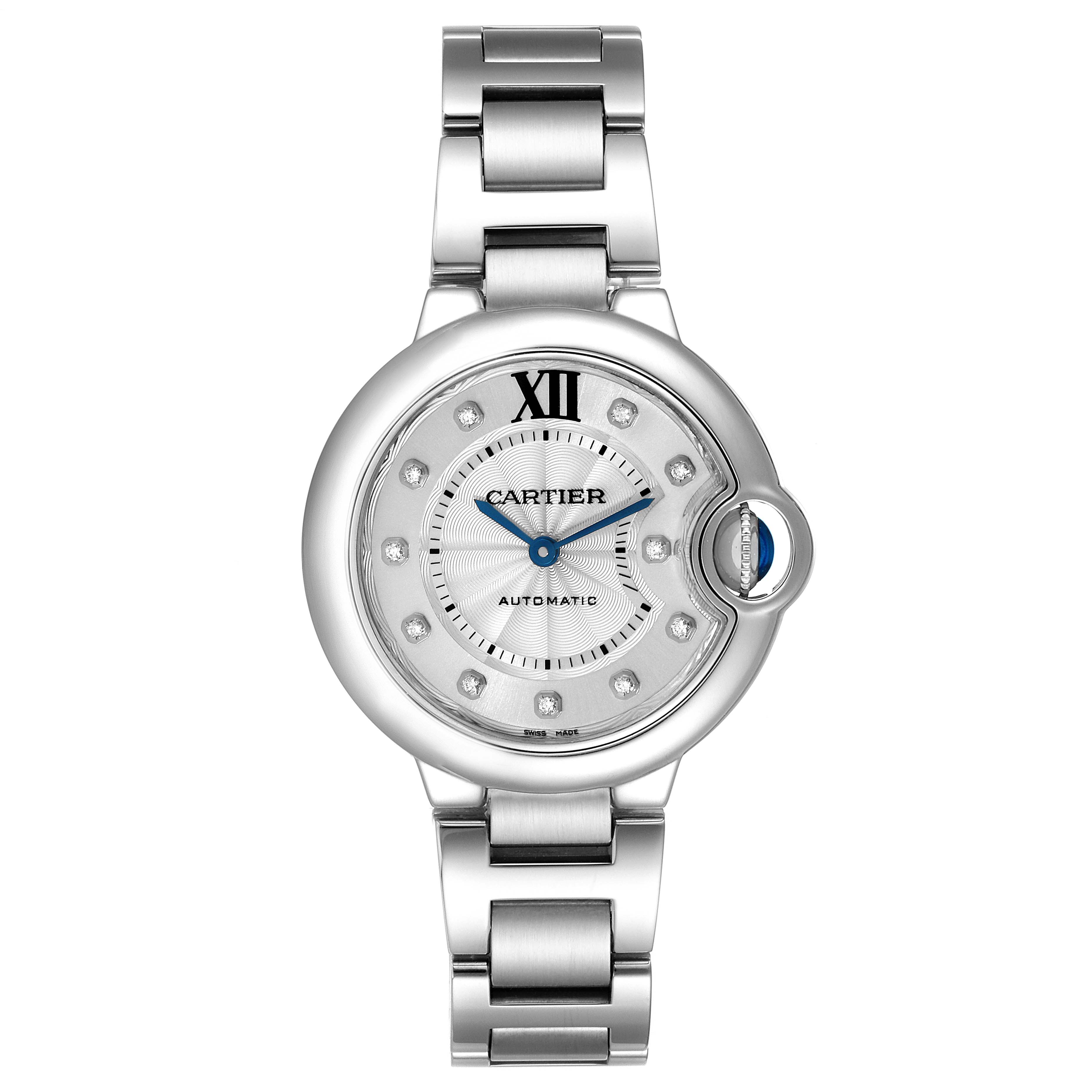 This image shows a frontal view of the Ballon Bleu model watch by Cartier, highlighting its face and bracelet.