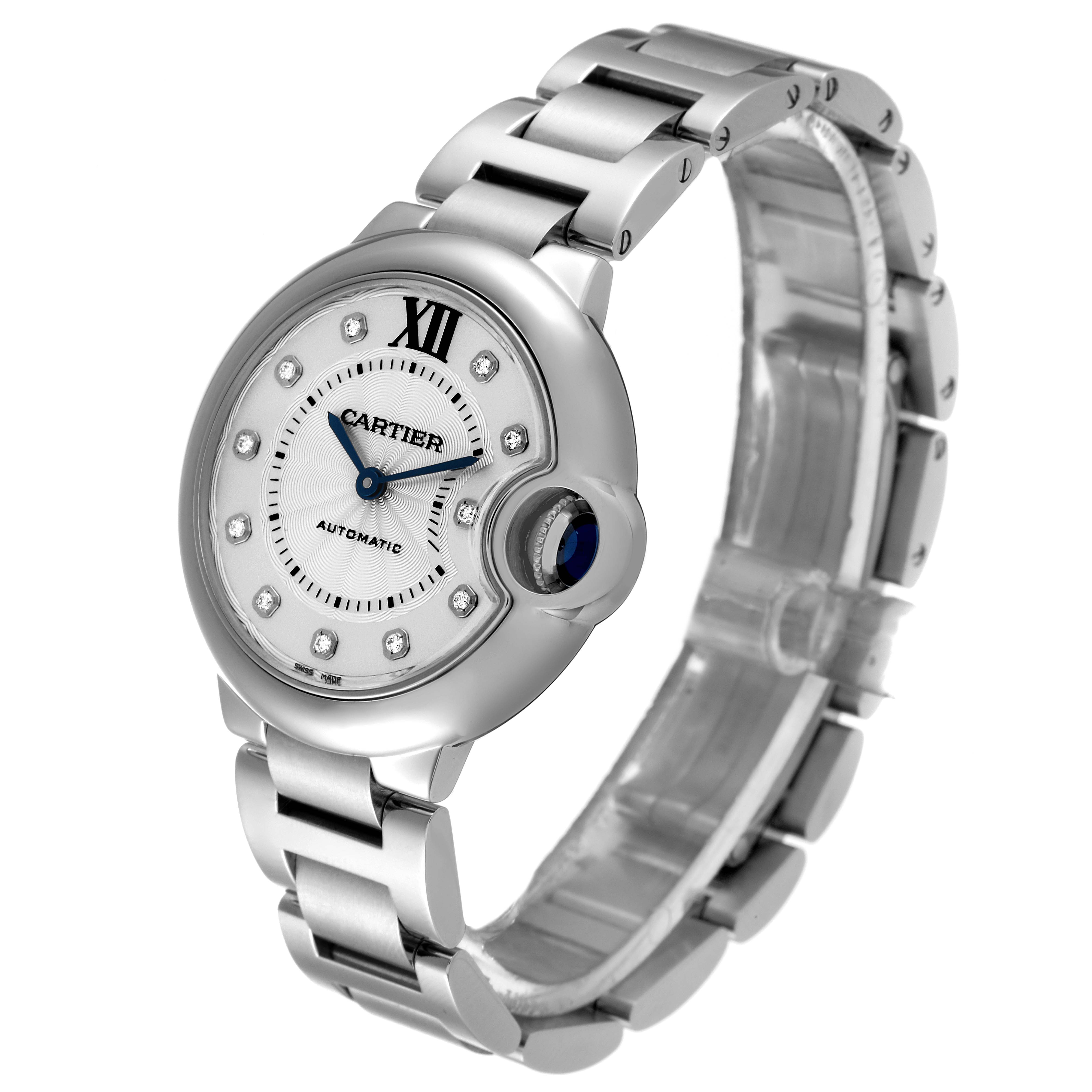 The image shows a side angle of a Cartier Ballon Bleu WE902074 Women
s Stainless Steel Silver Dial WE902074 Women
s Stainless Steel Silver Dial watch, highlighting its face, crown, and metal bracelet.