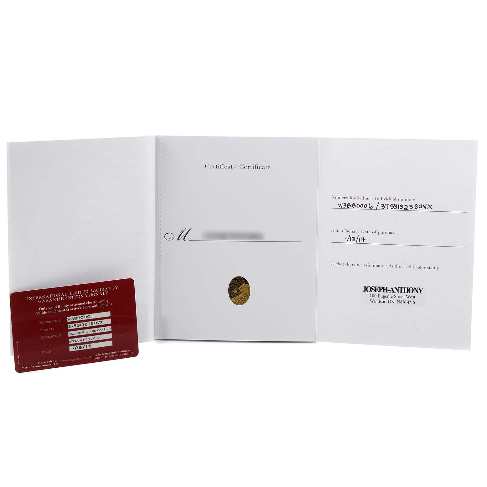 The image shows the Best Quality
ation certificate and warranty card for a Ballon Bleu model by Cartier, displayed flat.