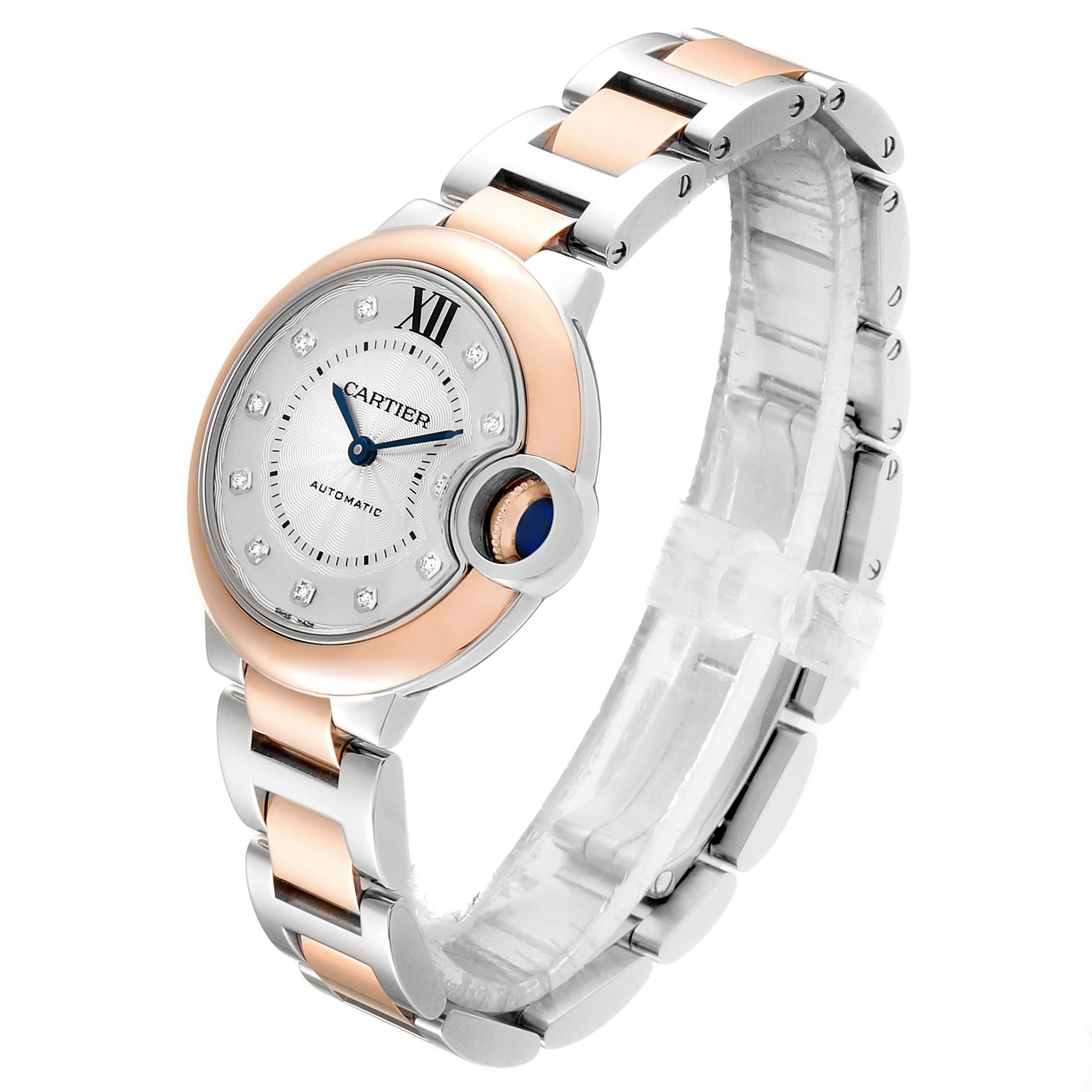 The image shows a Cartier Ballon Bleu WE902061 Women
s Steel and Gold (two tone) Silver Dial WE902061 Women
s Steel and Gold (two tone) Silver Dial watch at a three-quarter angle, highlighting its face, bracelet, and crown.