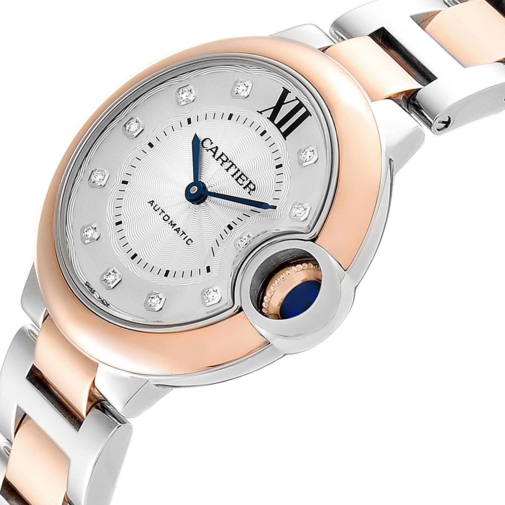 The image shows a close-up angled view of the Cartier Ballon Bleu WE902061 Women
s Steel and Gold (two tone) Silver Dial WE902061 Women
s Steel and Gold (two tone) Silver Dial watch face and part of the strap.