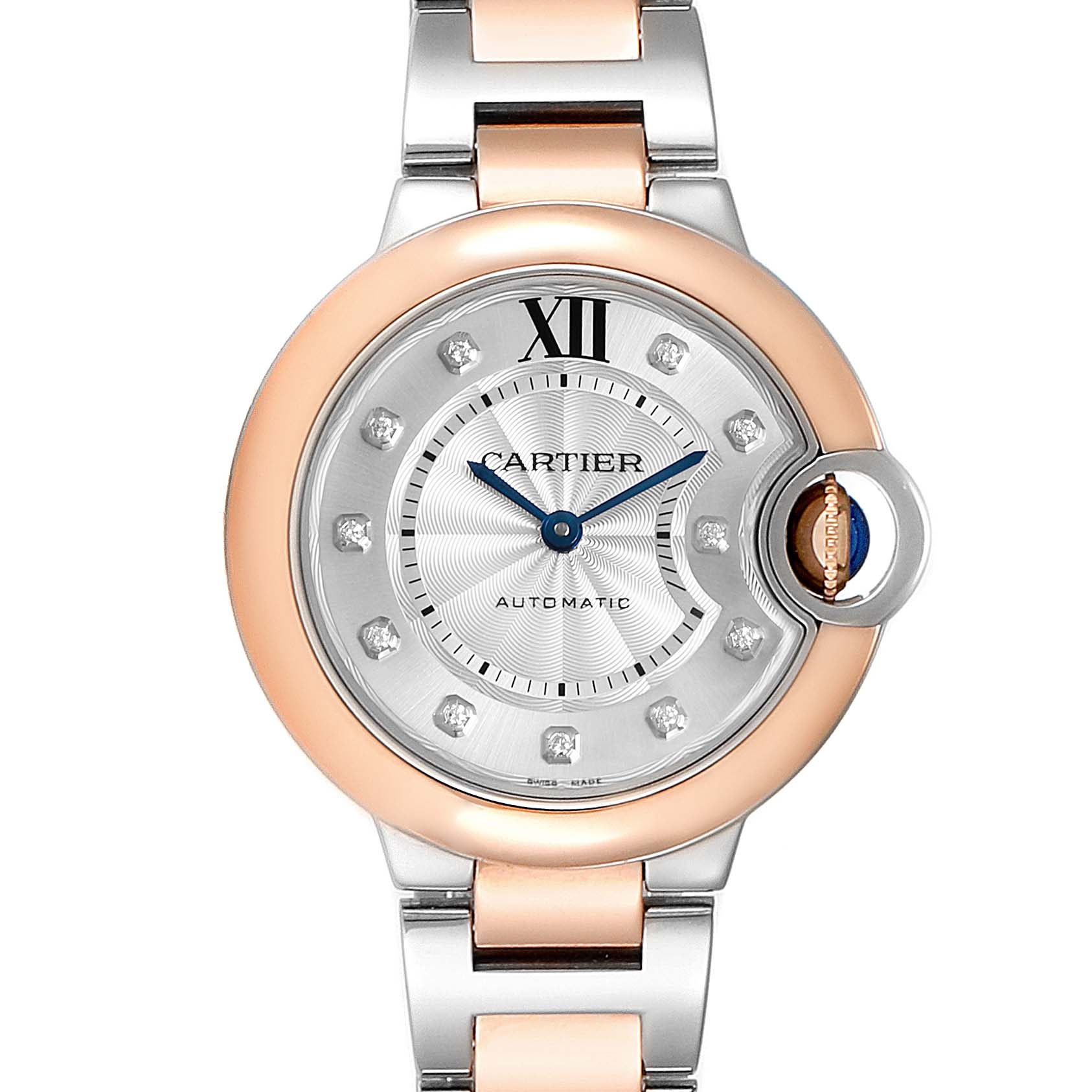 The image shows a front view of the Cartier Ballon Bleu WE902061 Women
s Steel and Gold (two tone) Silver Dial WE902061 Women
s Steel and Gold (two tone) Silver Dial watch, highlighting its dial, hands, crown, and part of the bracelet.