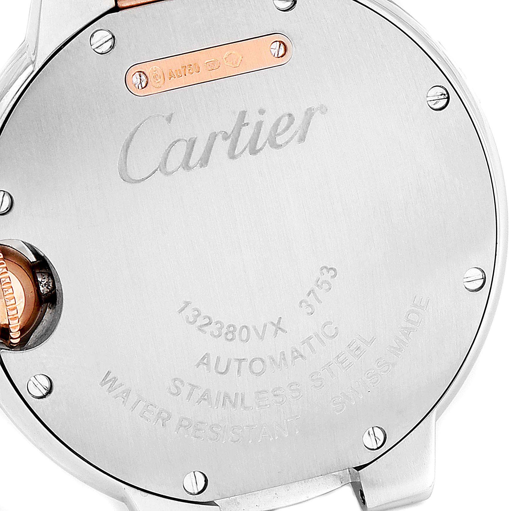 This image shows the back of a Ballon Bleu by Cartier, highlighting its markings and a portion of the crown.