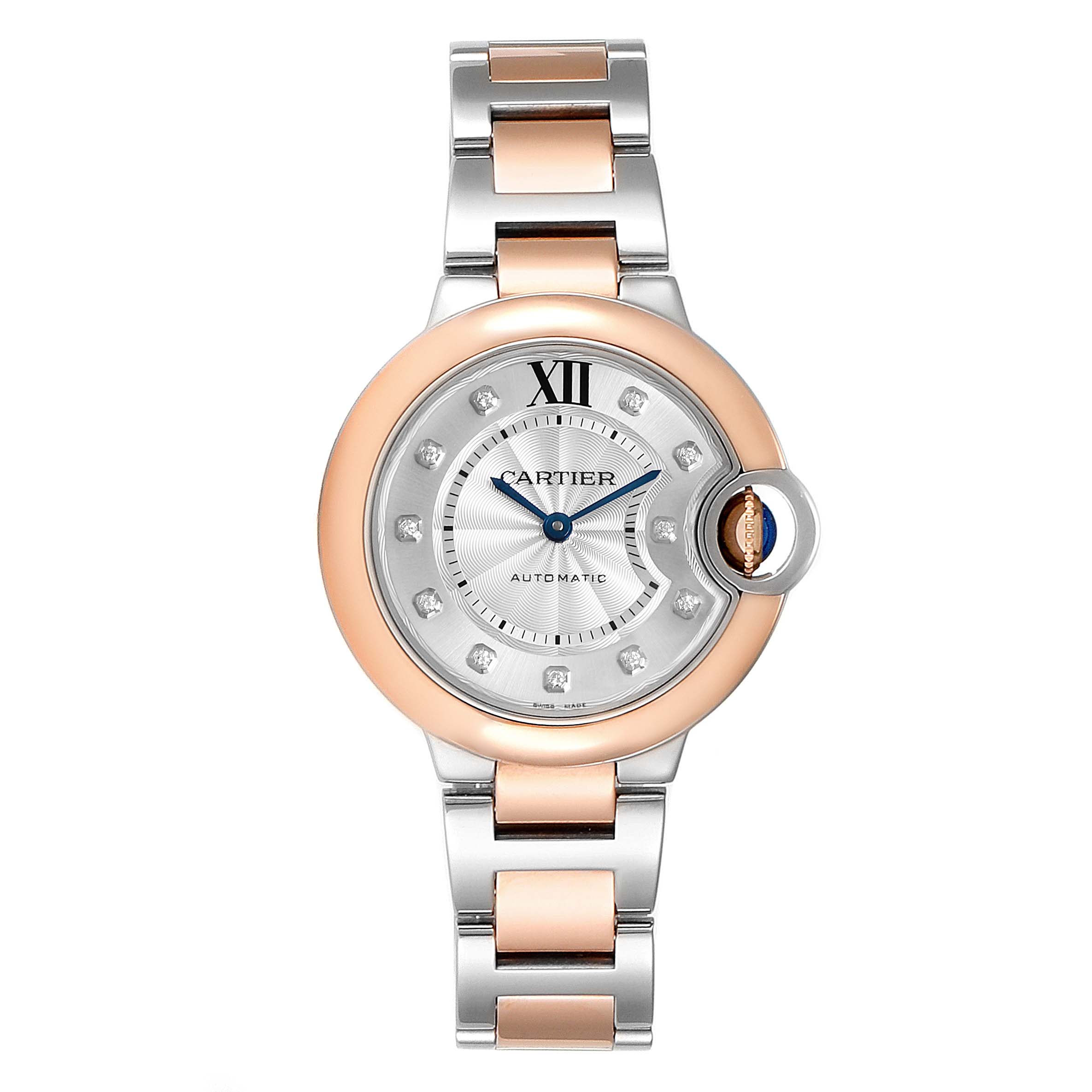 The image shows a front view of a Cartier Ballon Bleu WE902061 Women
s Steel and Gold (two tone) Silver Dial WE902061 Women
s Steel and Gold (two tone) Silver Dial watch with a two-tone metal strap and diamond hour markers.