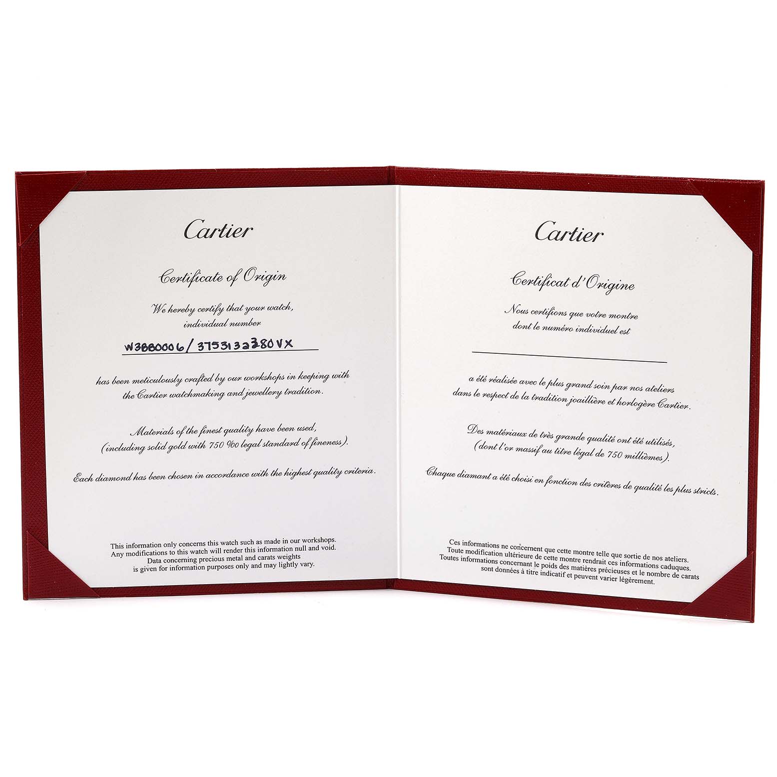 This image shows the open Certificate of Origin for a Cartier Ballon Bleu WE902061 Women
s Steel and Gold (two tone) Silver Dial WE902061 Women
s Steel and Gold (two tone) Silver Dial watch.