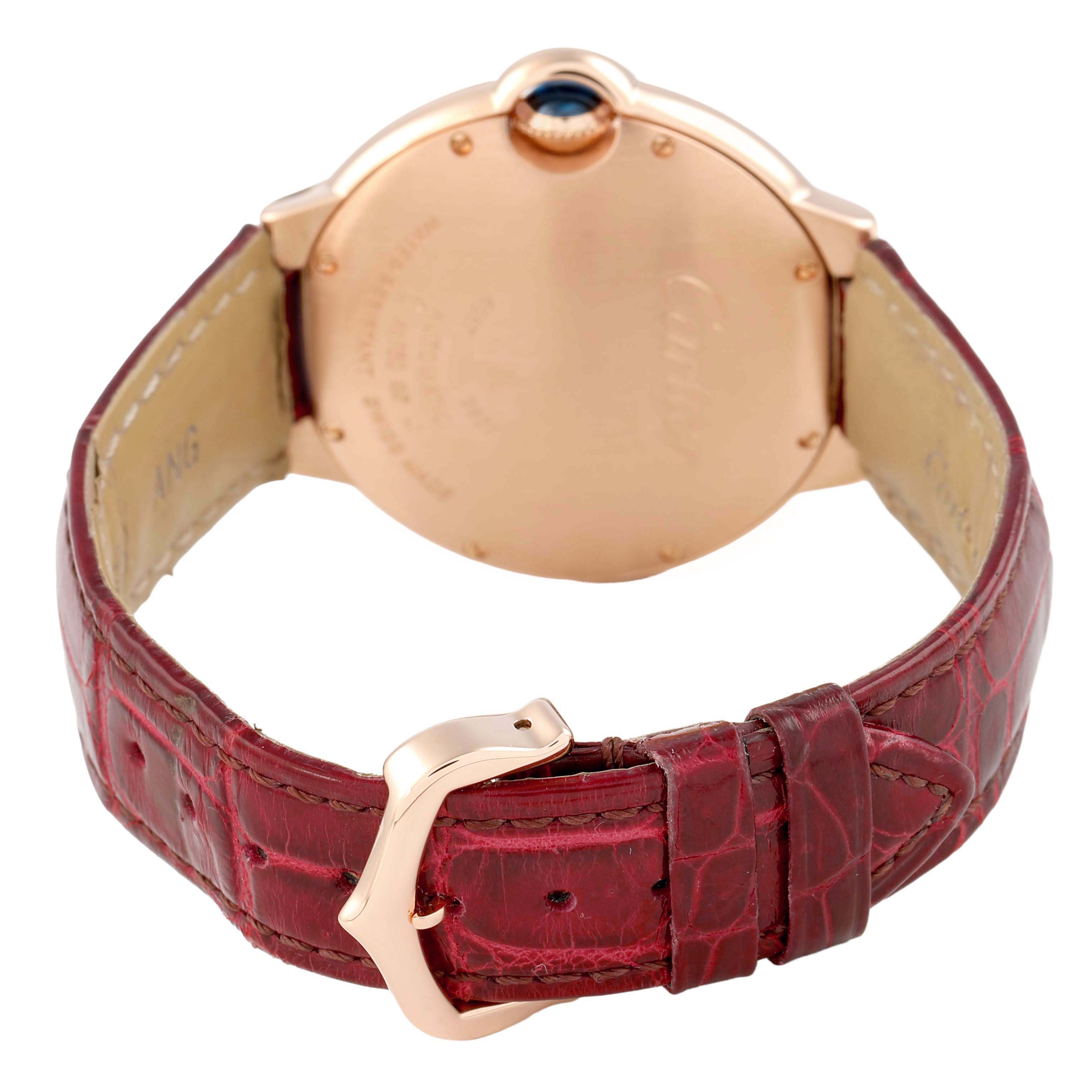 The image shows the back of a Ballon Bleu by Cartier watch, highlighting the leather strap and buckle.