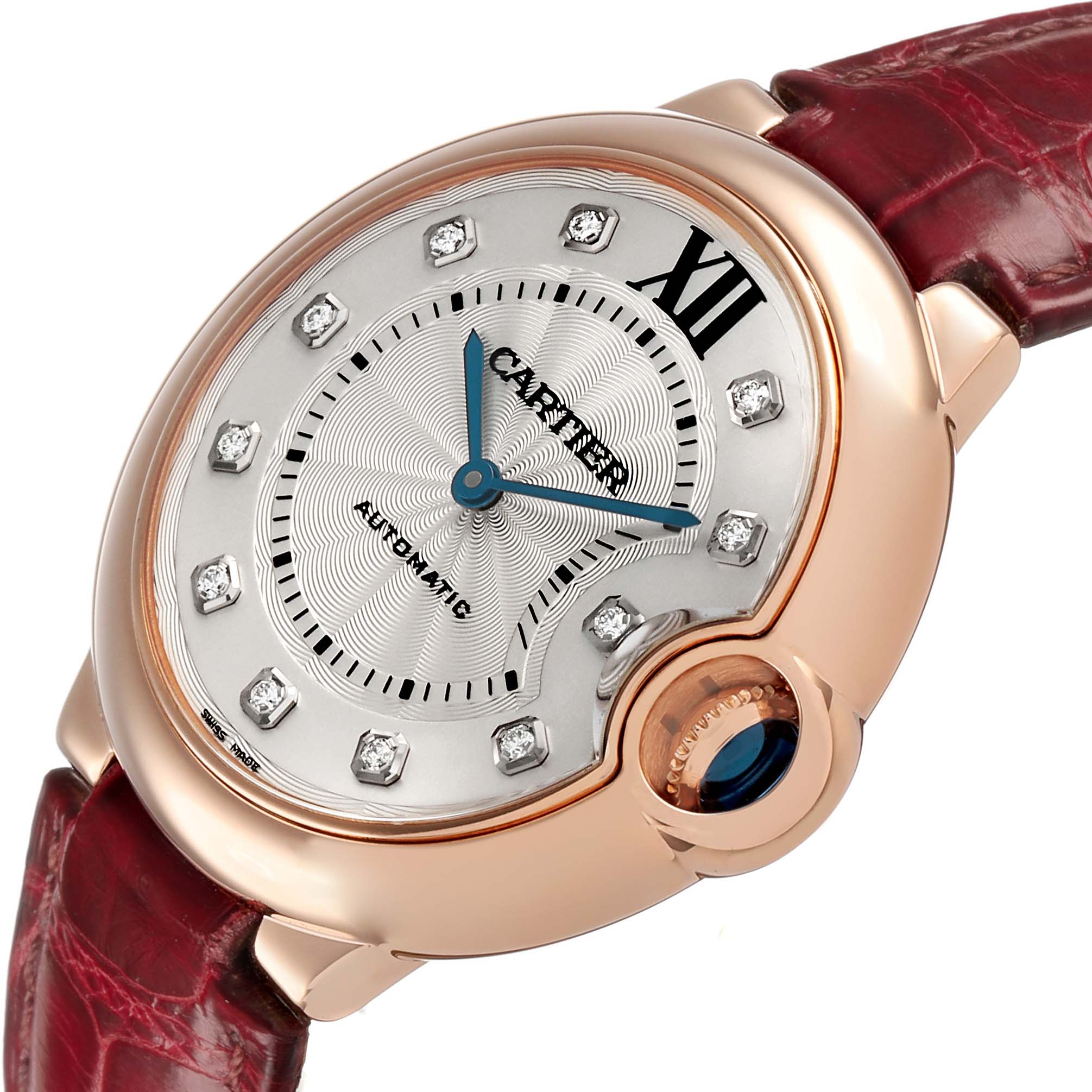 The Cartier Ballon Bleu WJBB0010 Women's Rose Gold Silver Dial watch is shown at a slight angle, highlighting the face, crown, and strap attachment.