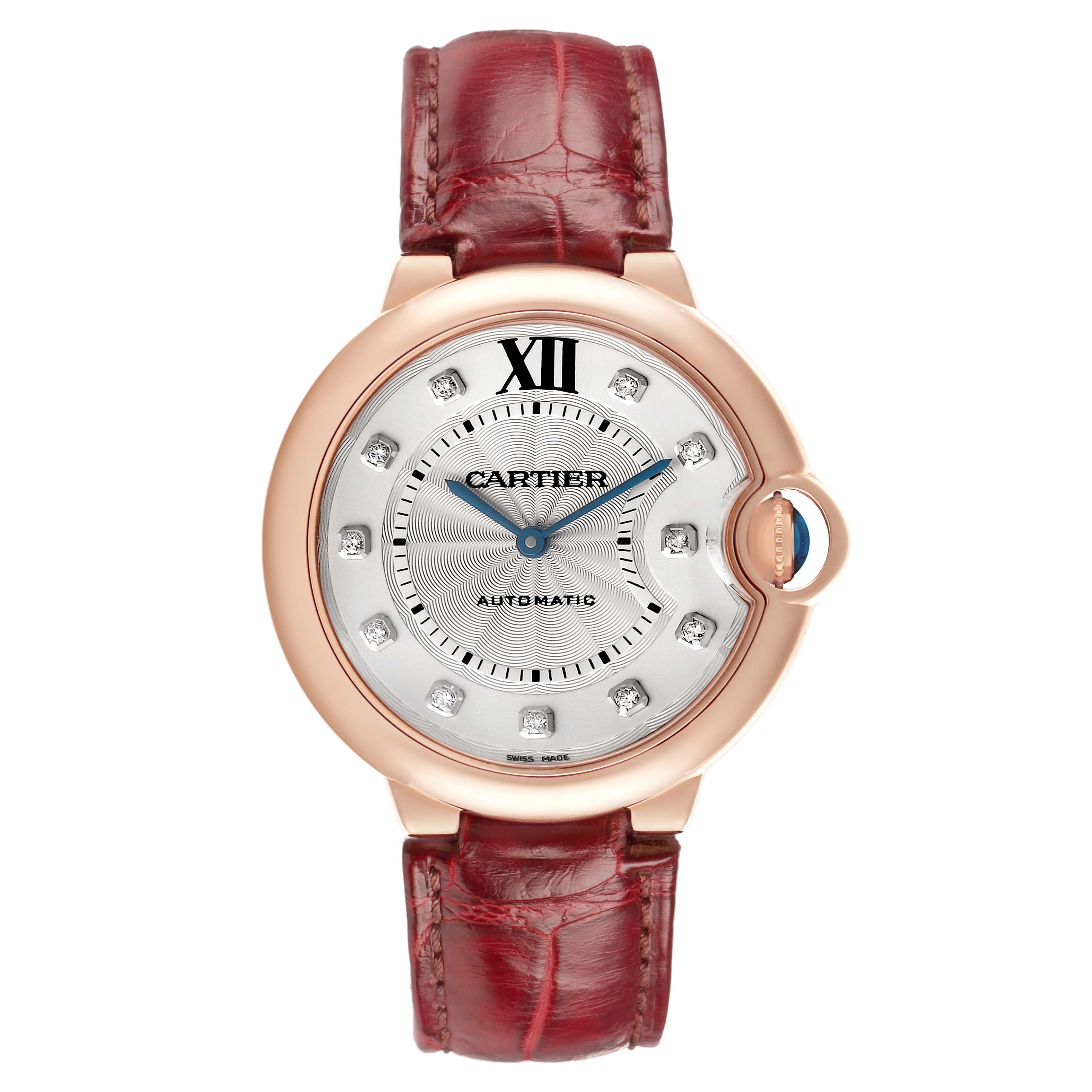 The Cartier Ballon Bleu WJBB0010 Women's Rose Gold Silver Dial watch is shown from the front, featuring a round face, diamond hour markers, and a red leather strap.