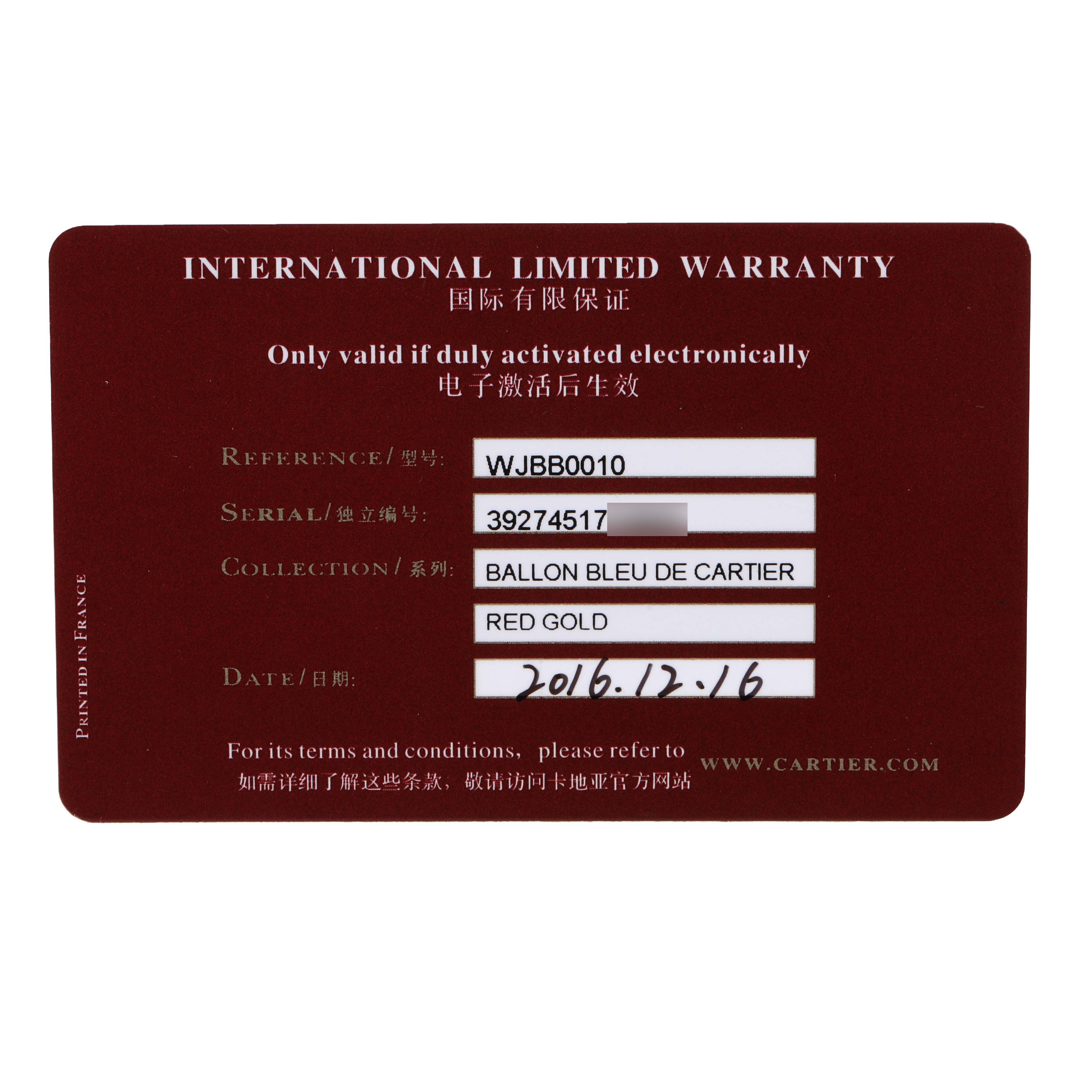 The image shows an International Limited Warranty card for the Ballon Bleu de Cartier watch.