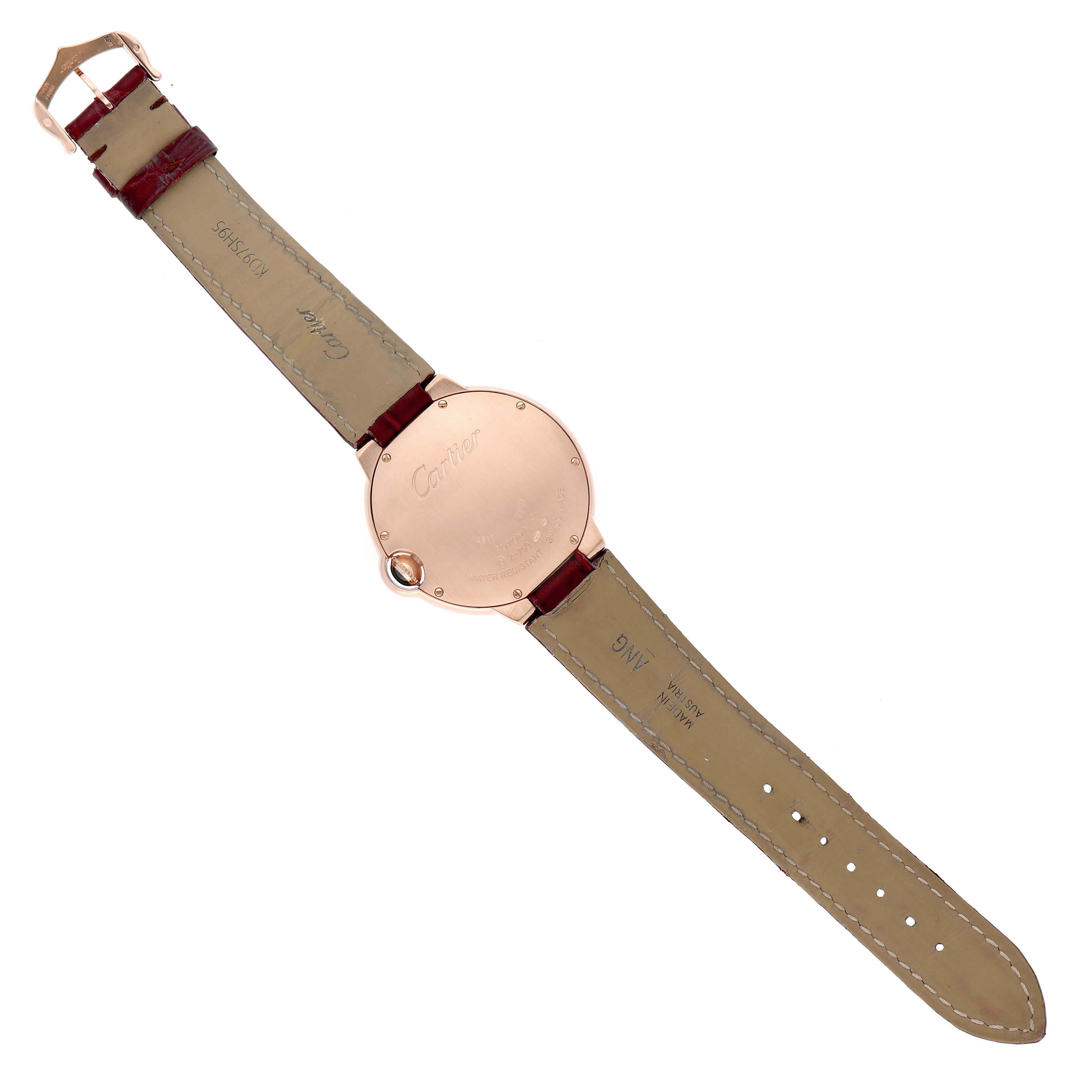 The image shows the back view of a Cartier Ballon Bleu WJBB0010 Women's Rose Gold Silver Dial watch, including the strap and clasp.