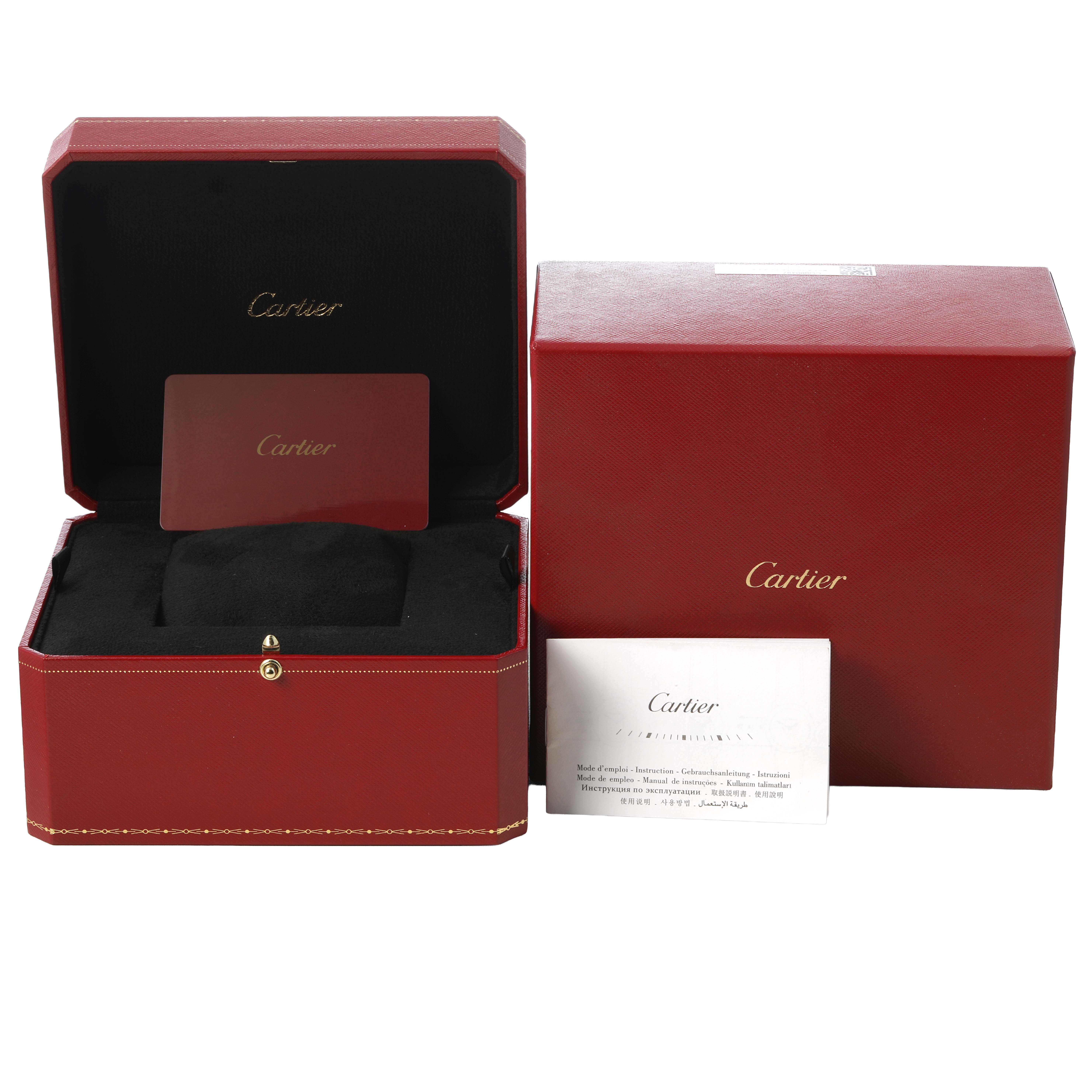 The image shows the Cartier Ballon Bleu WJBB0010 Women's Rose Gold Silver Dial watch packaging, including a red box, a card, and a manual.