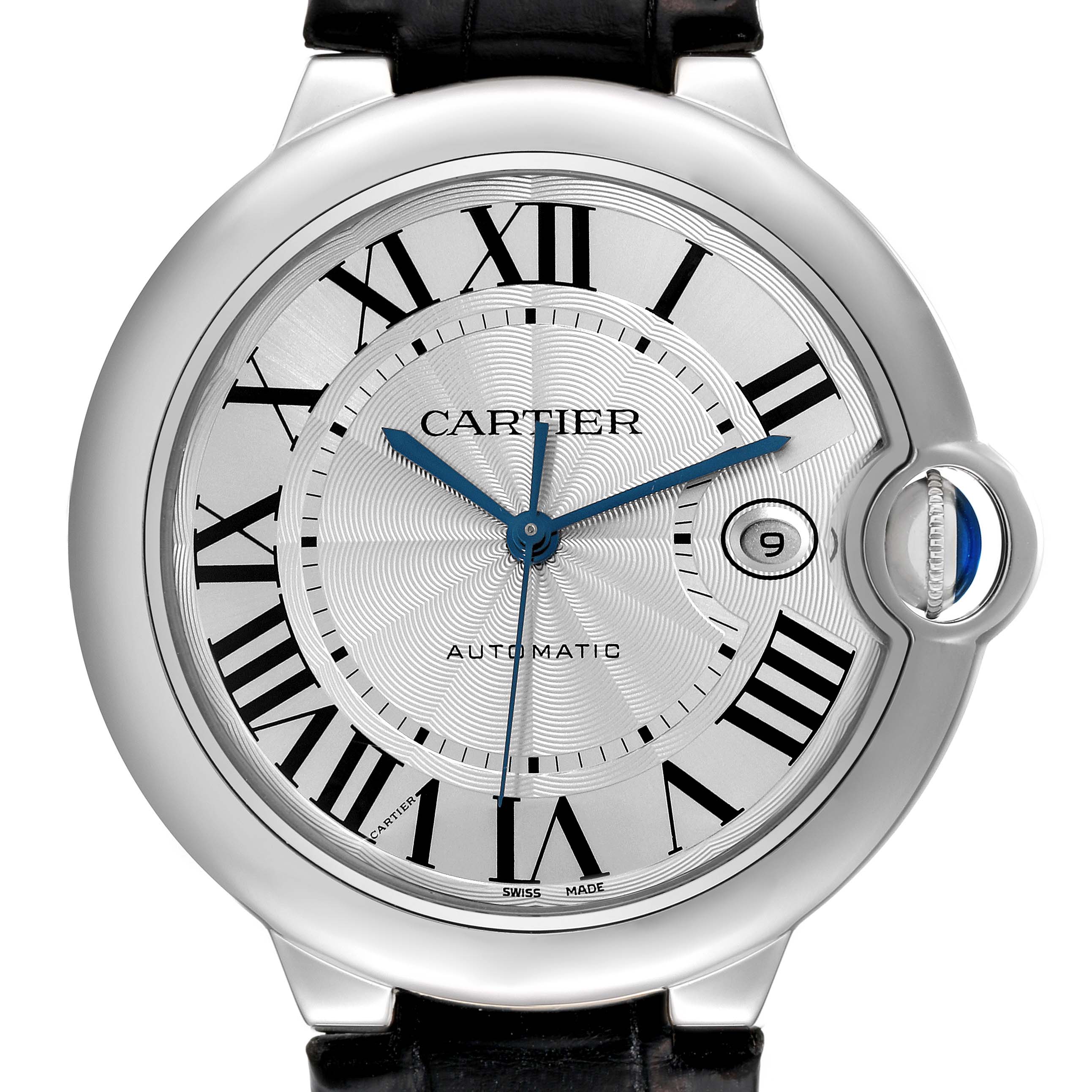 The image shows a front view of a Ballon Bleu model by Cartier, highlighting its Roman numeral dial, blue hands, and date window.