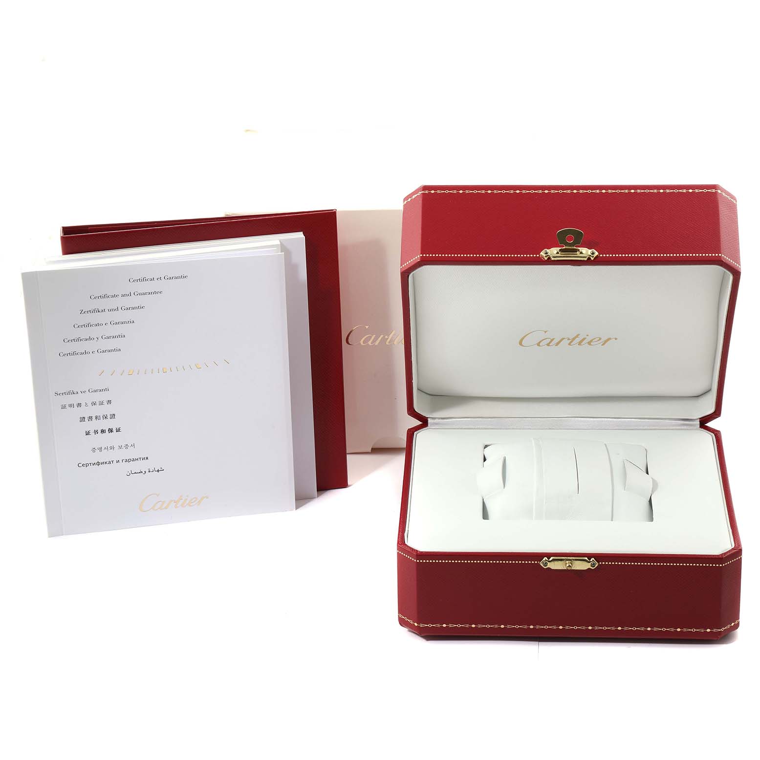 The image shows the open case and accompanying documents for a Cartier Ballon Bleu W69016Z4 Men
s Stainless Steel Silver Dial W69016Z4 Men
s Stainless Steel Silver Dial watch, including red and white boxes.