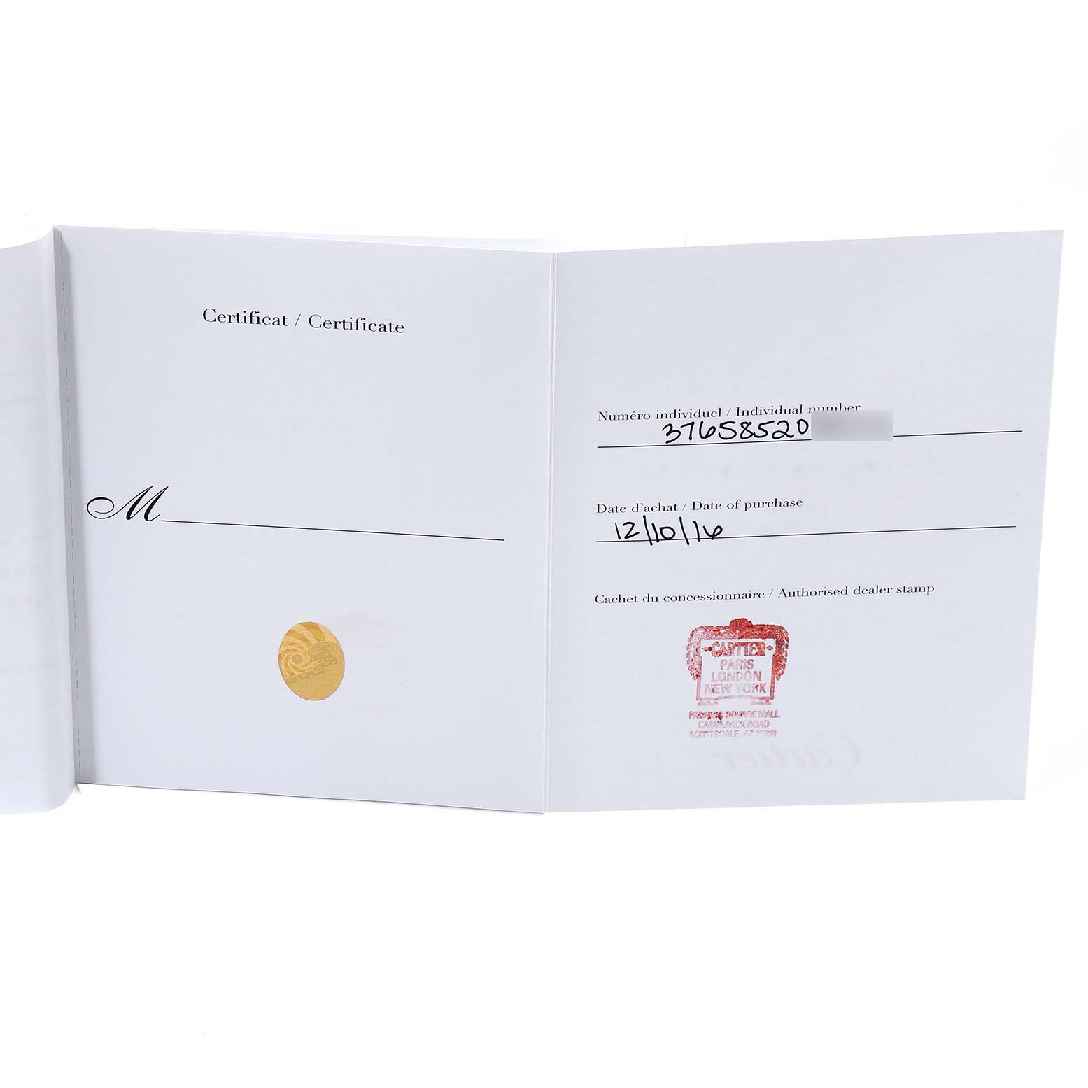 This image shows an open warranty card booklet for a Ballon Bleu model by Cartier, highlighting the certificate and purchase details.