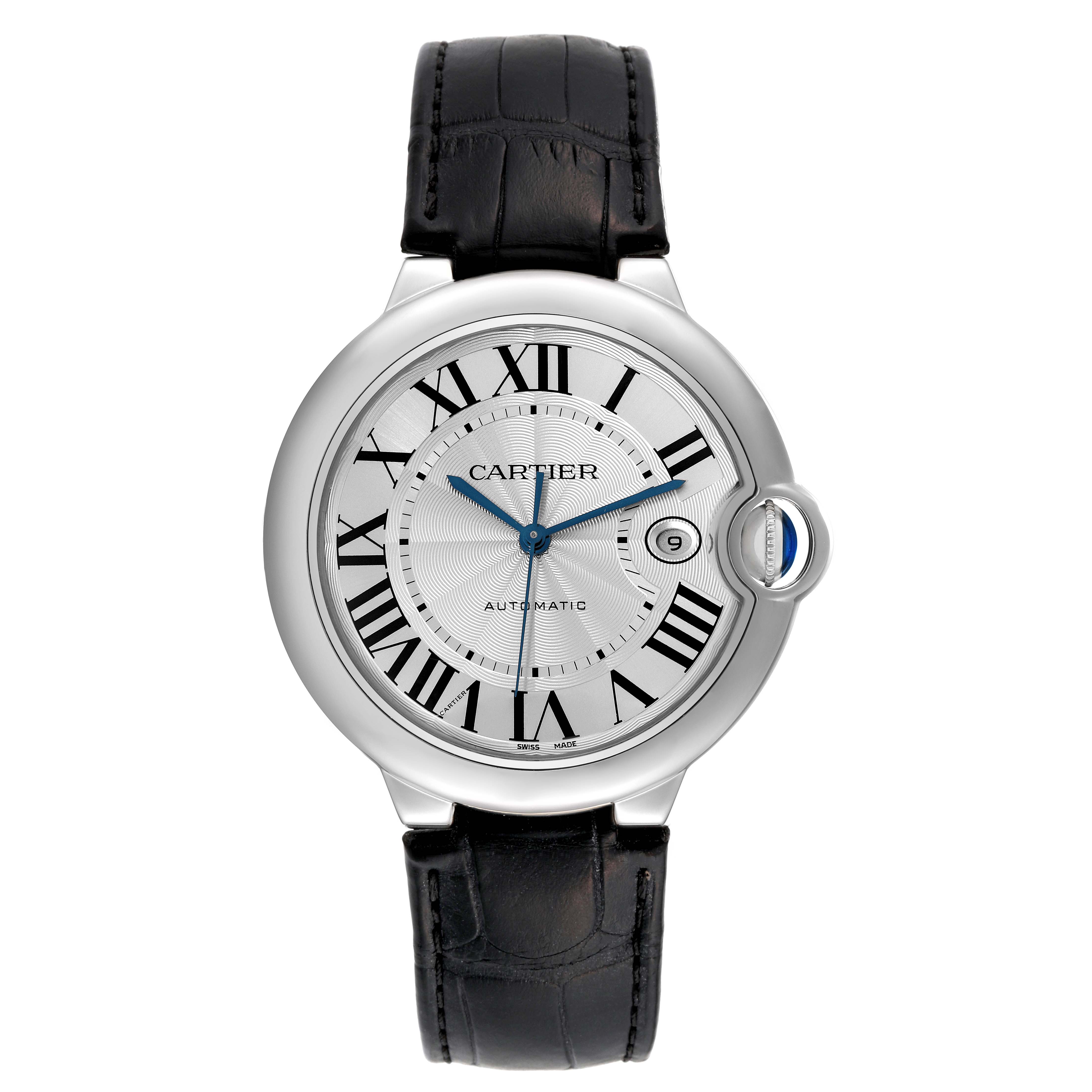 The image shows a frontal view of a Cartier Ballon Bleu W69016Z4 Men
s Stainless Steel Silver Dial W69016Z4 Men
s Stainless Steel Silver Dial watch, highlighting its dial, hands, Roman numerals, and black leather strap.